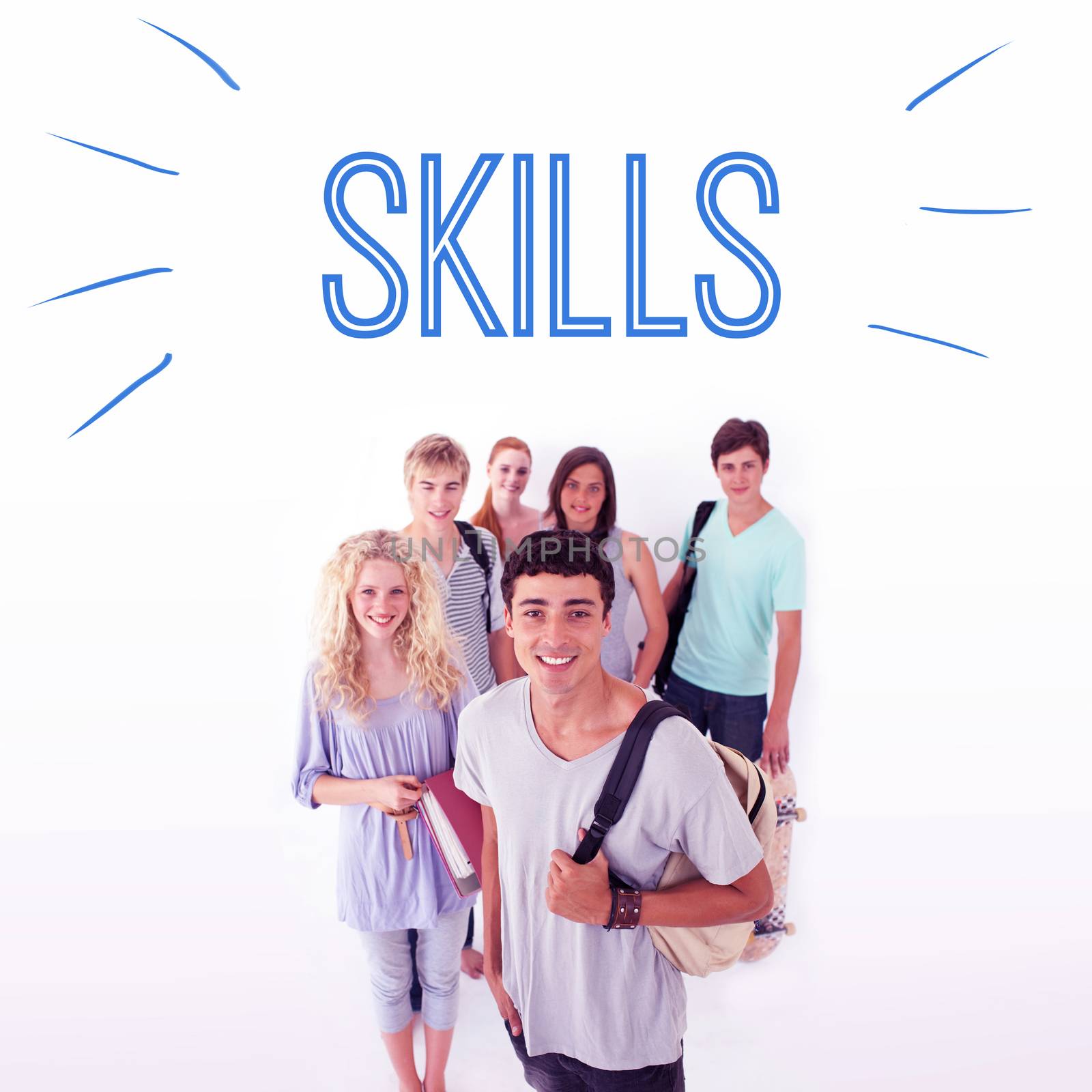 The word skills against smiling students