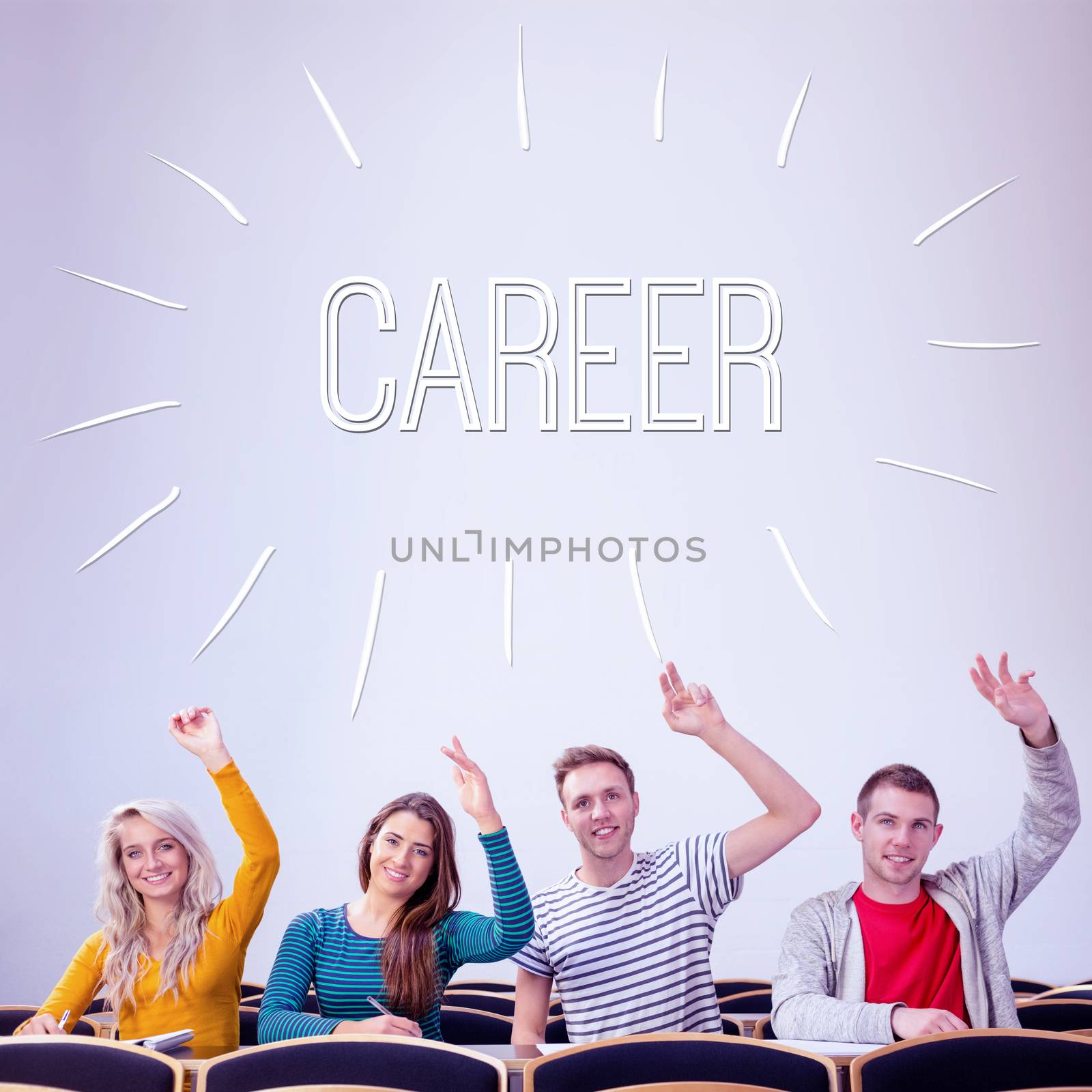 The word career against college students raising hands in the classroom
