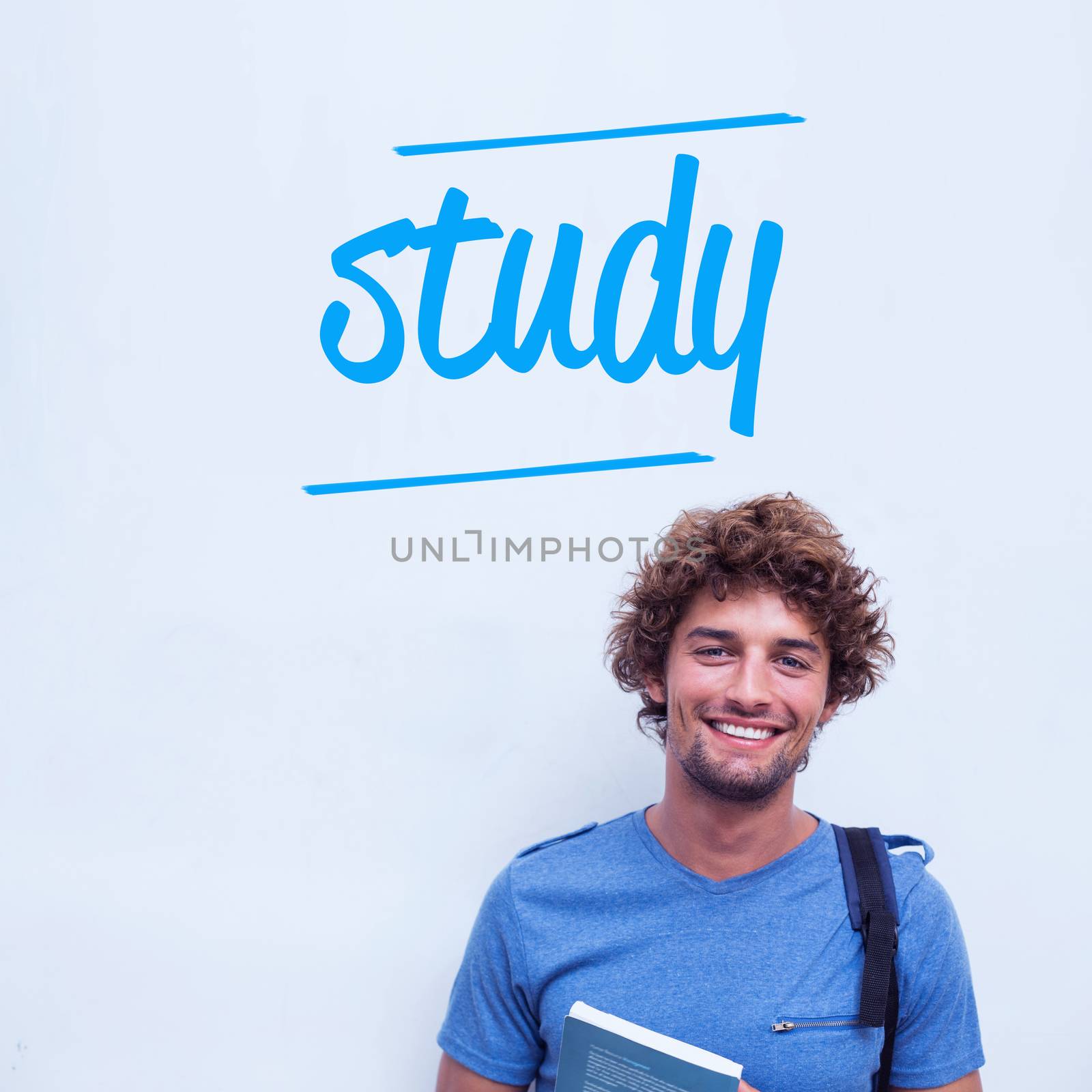 Study against happy student holding book by Wavebreakmedia