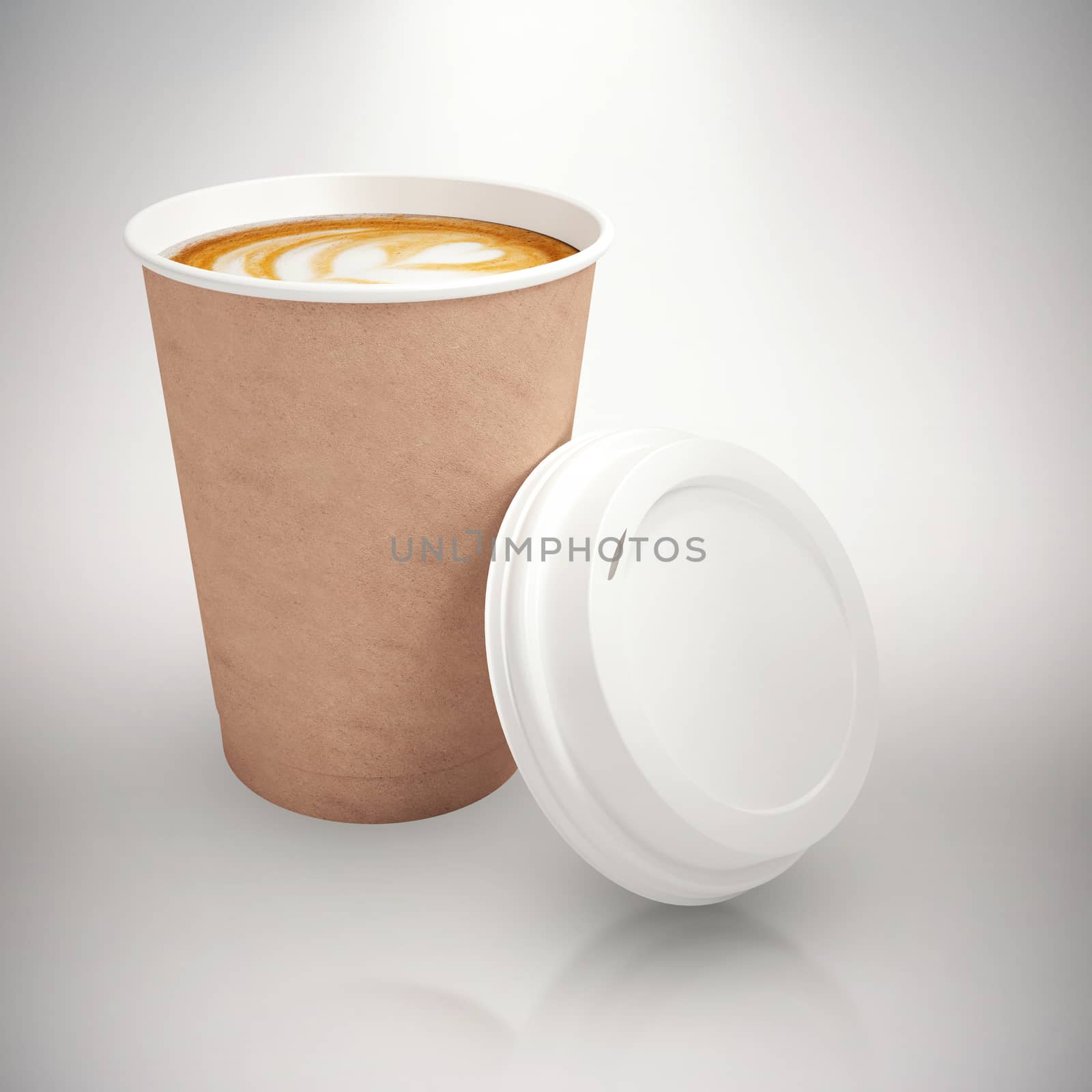 Coffee on brown cup over white background against grey background