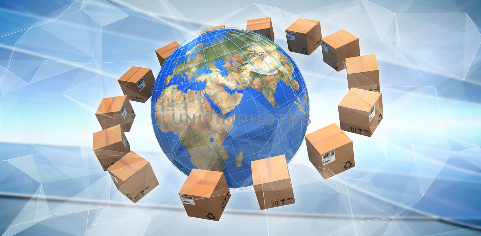 Composite image of globe amidst brown cardboard boxes by Wavebreakmedia