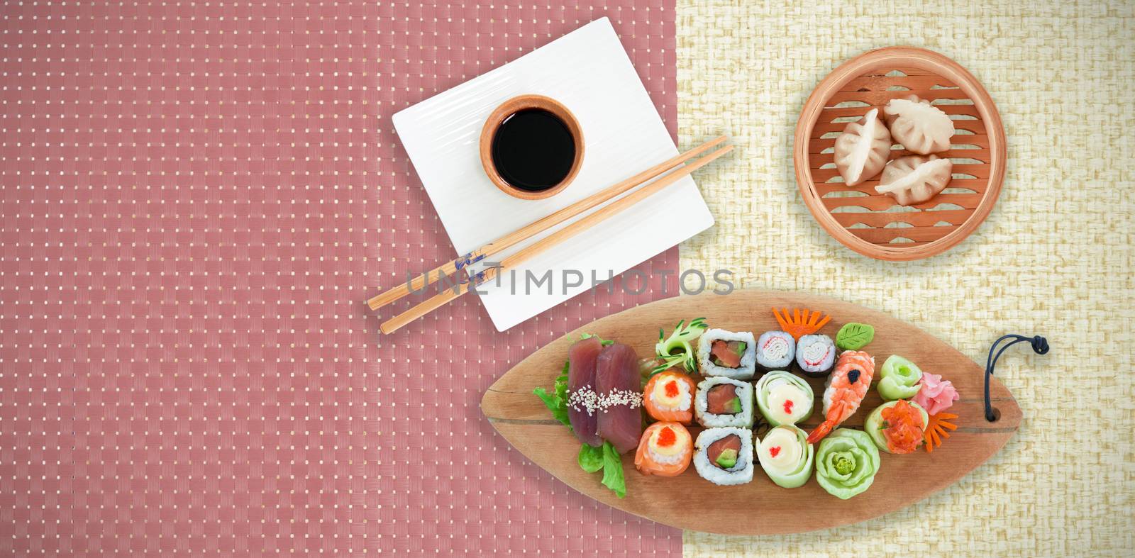 Close up of varaities of japanese food in plate against digitally generated image of abstract background