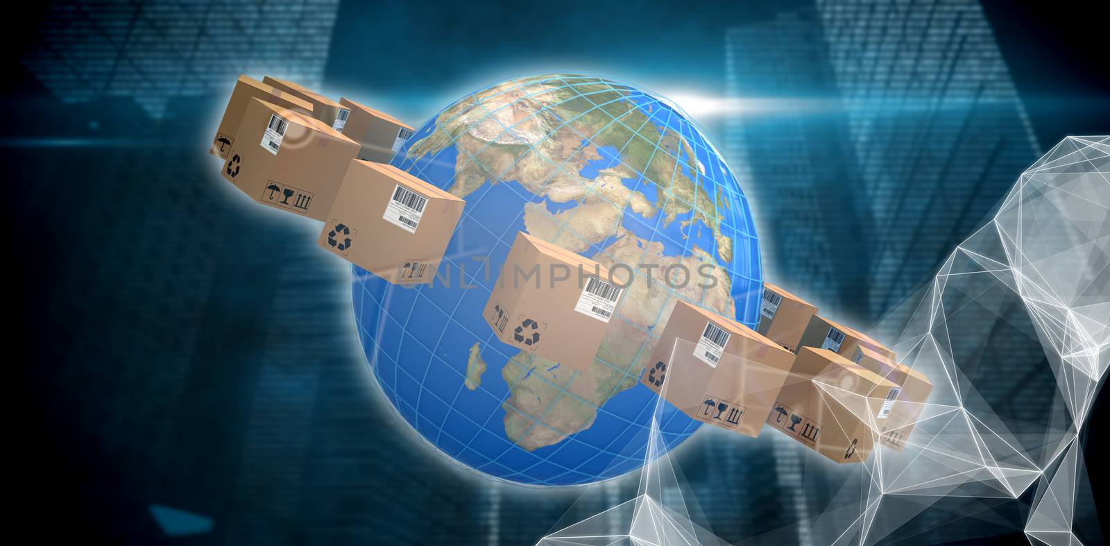 World map amidst cardboard boxes against abstract black background