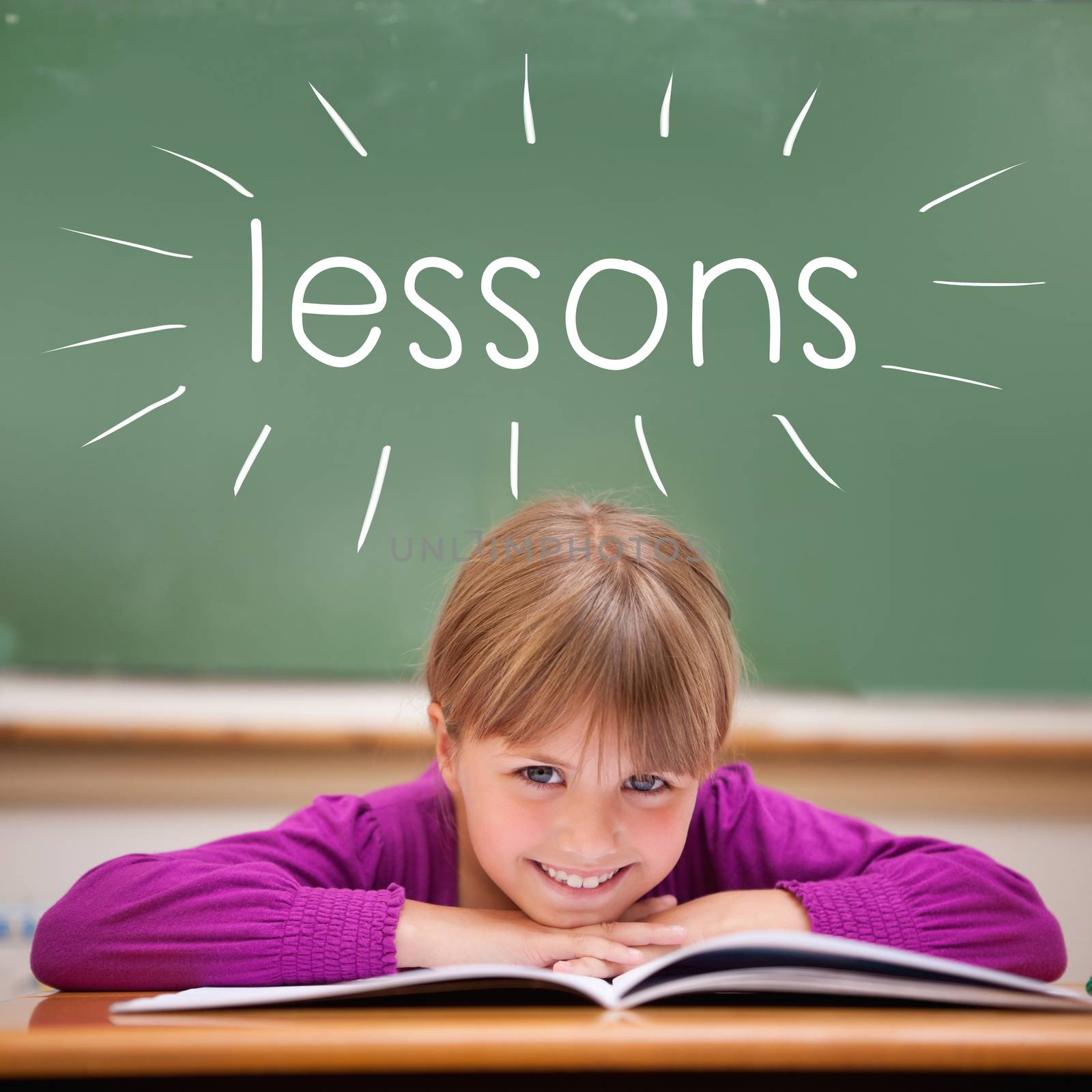 The word lessons against cute pupil sitting at desk