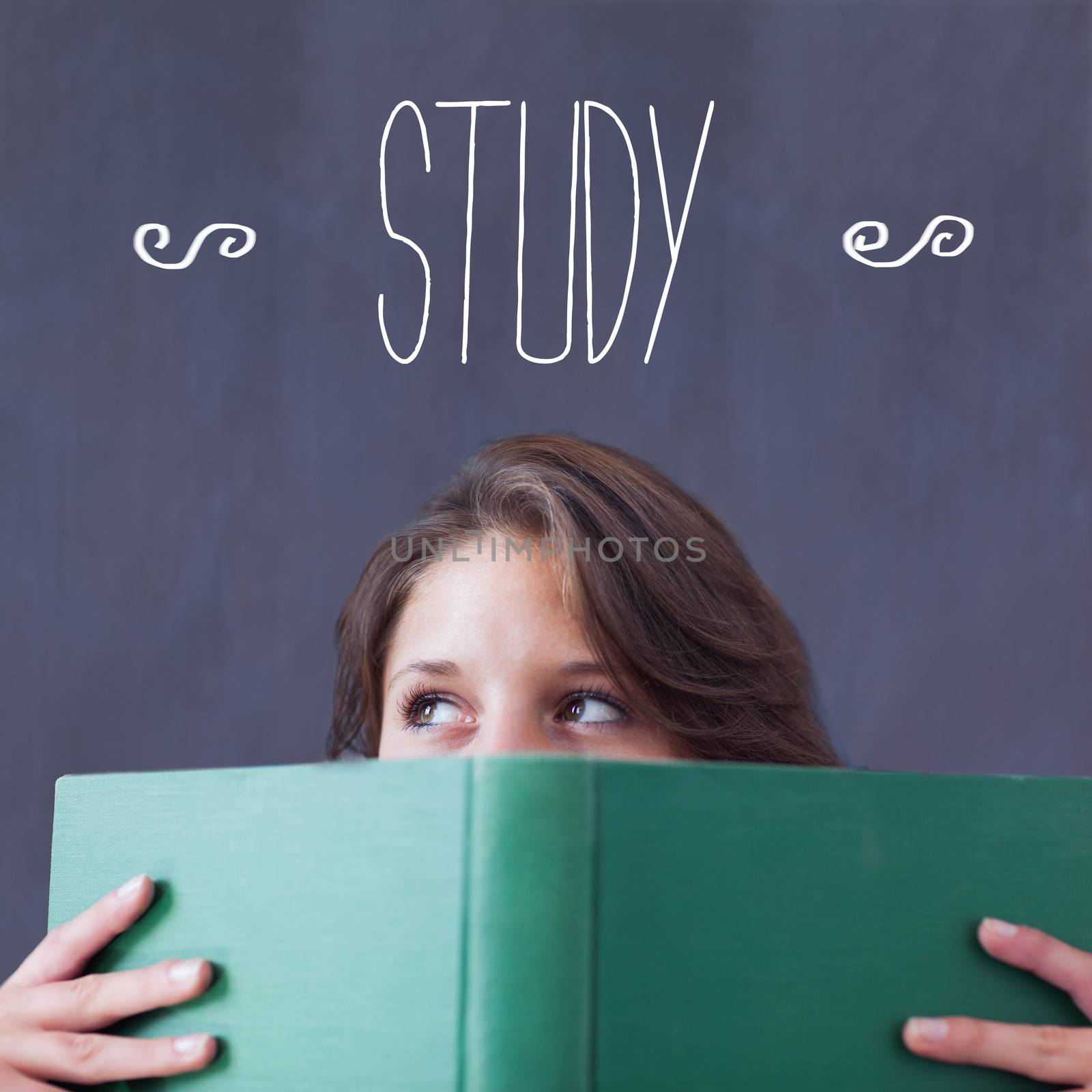 The word study against student holding book