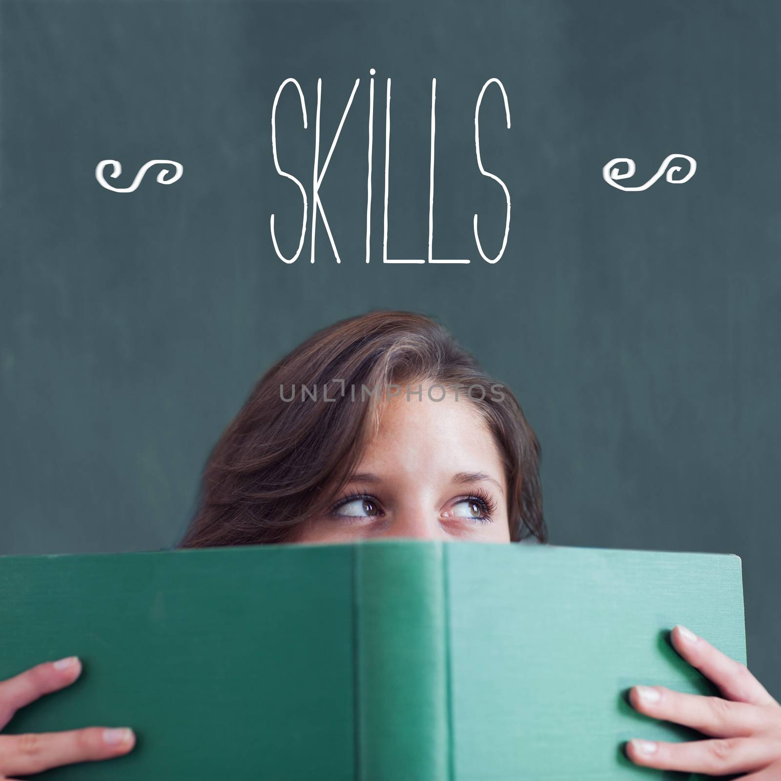 The word skills against student holding book