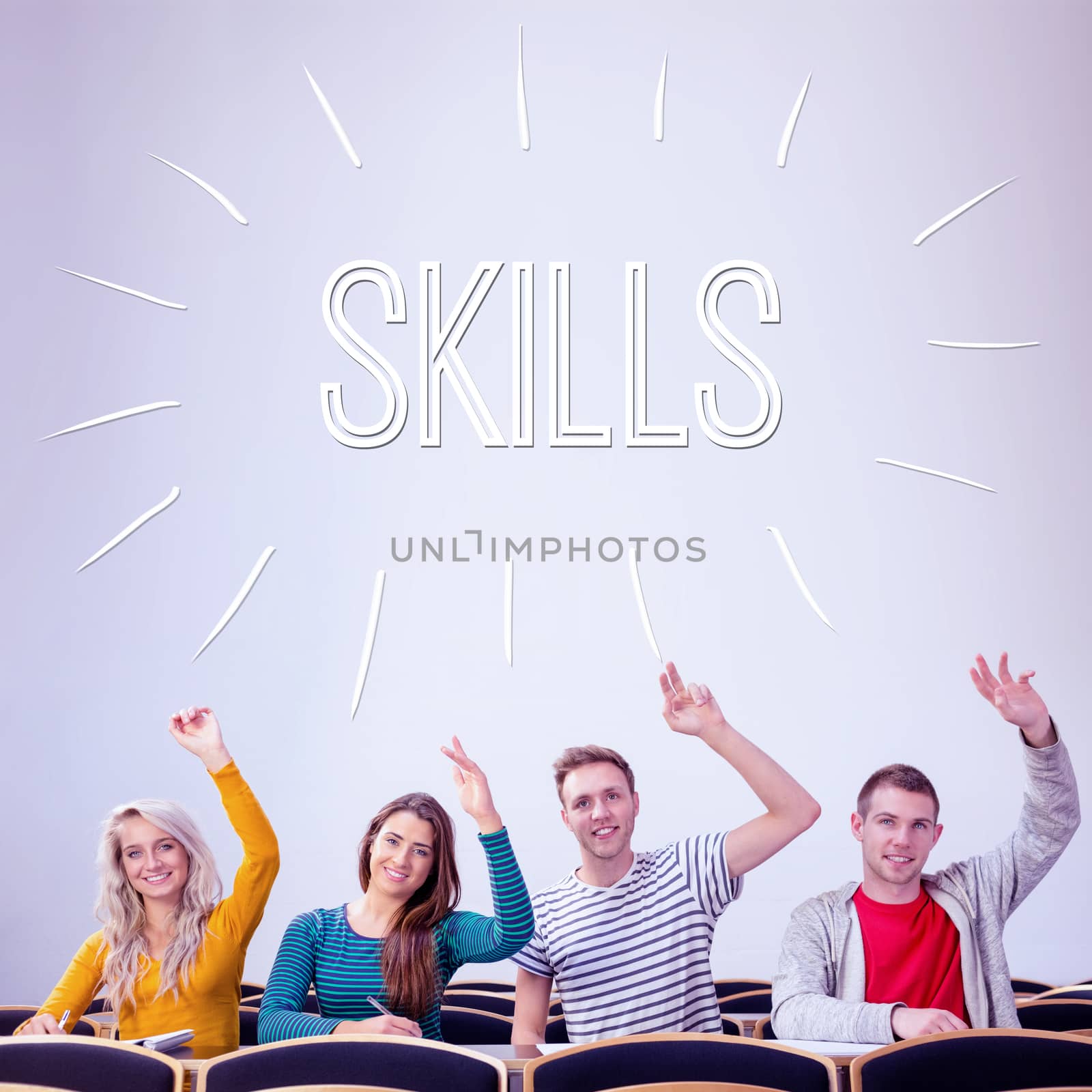 The word skills against college students raising hands in the classroom