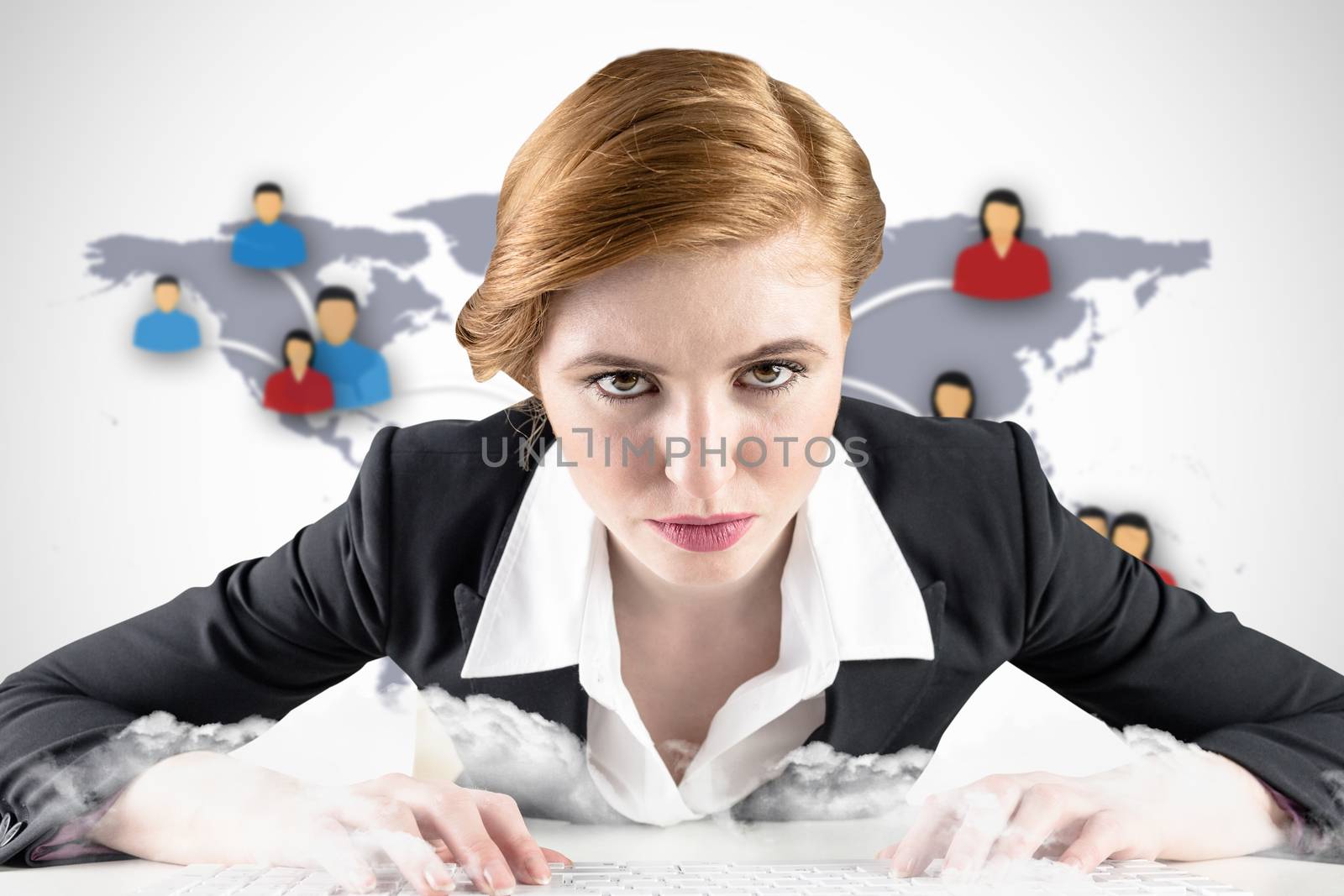 Redhead businesswoman sitting at desk typing against view of communication network