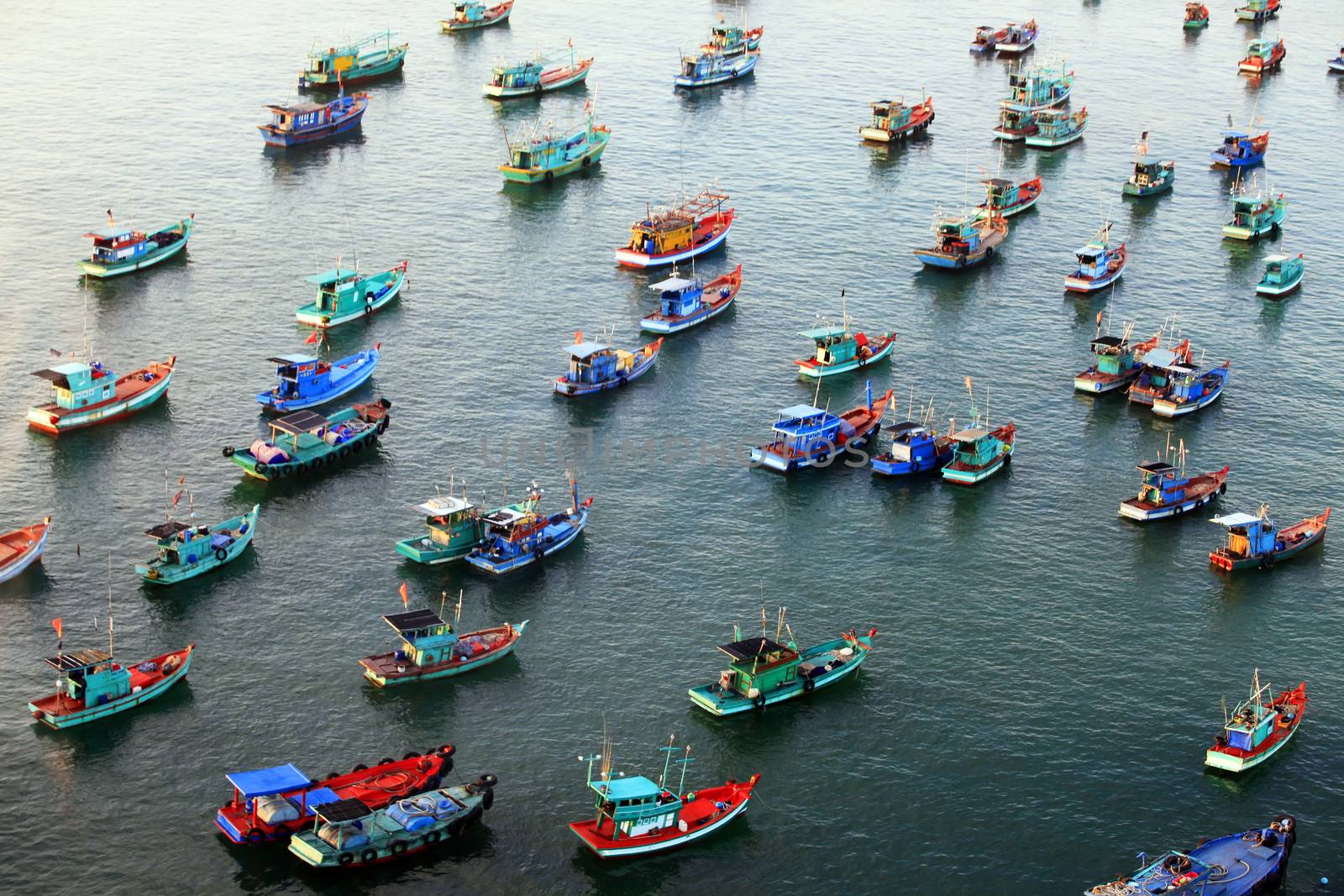 Aerial view of a group of boats at sea in Vietnam, Phu Quoc