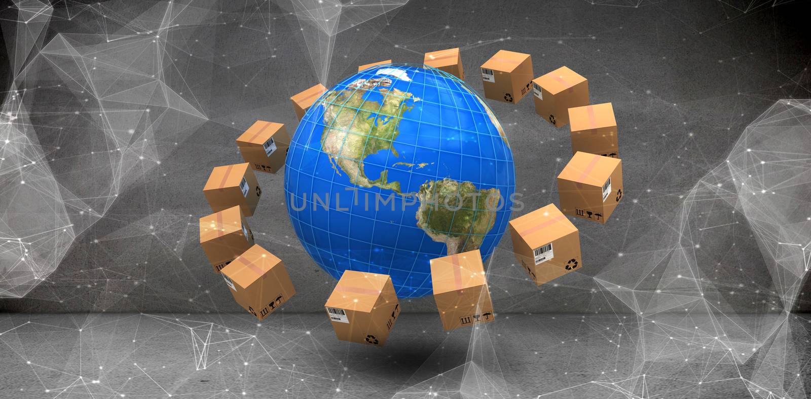 Composite image of globe amidst cardboard boxes by Wavebreakmedia