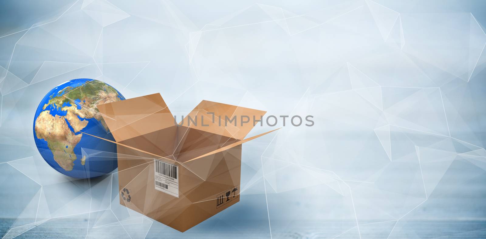Planet earth and brown cardboard box against abstract glowing black background