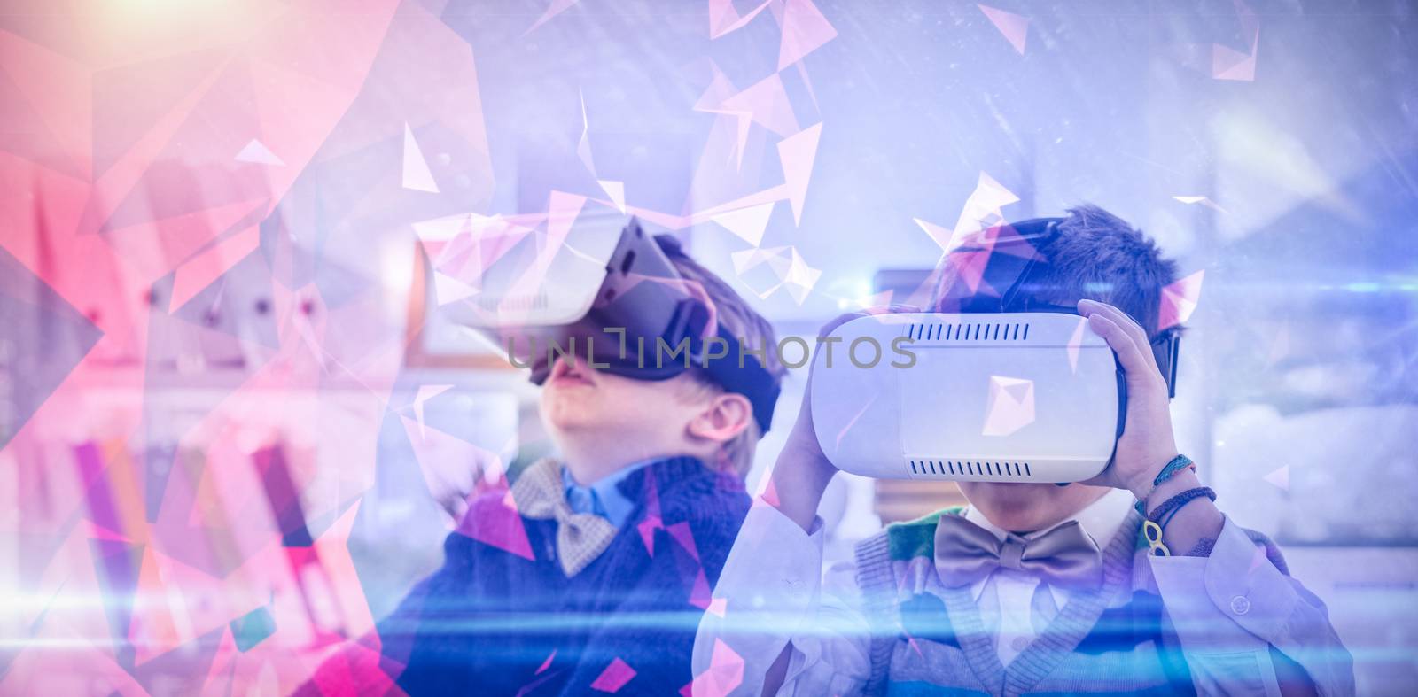 Dark abstract design against business people wearing virtual reality headsets