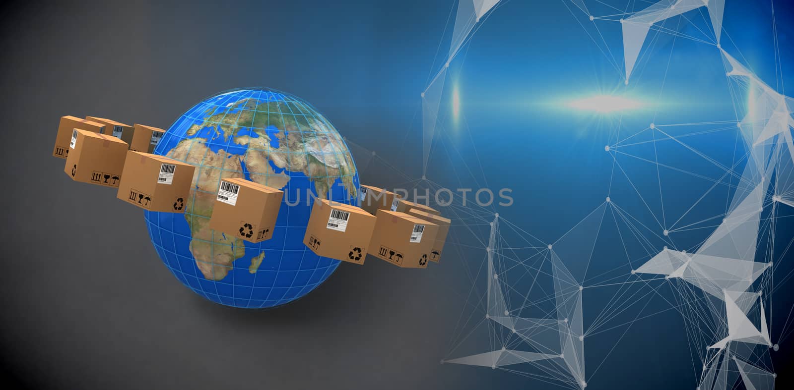 World map amidst cardboard boxes against digitally generated image of abstract pattern on screen