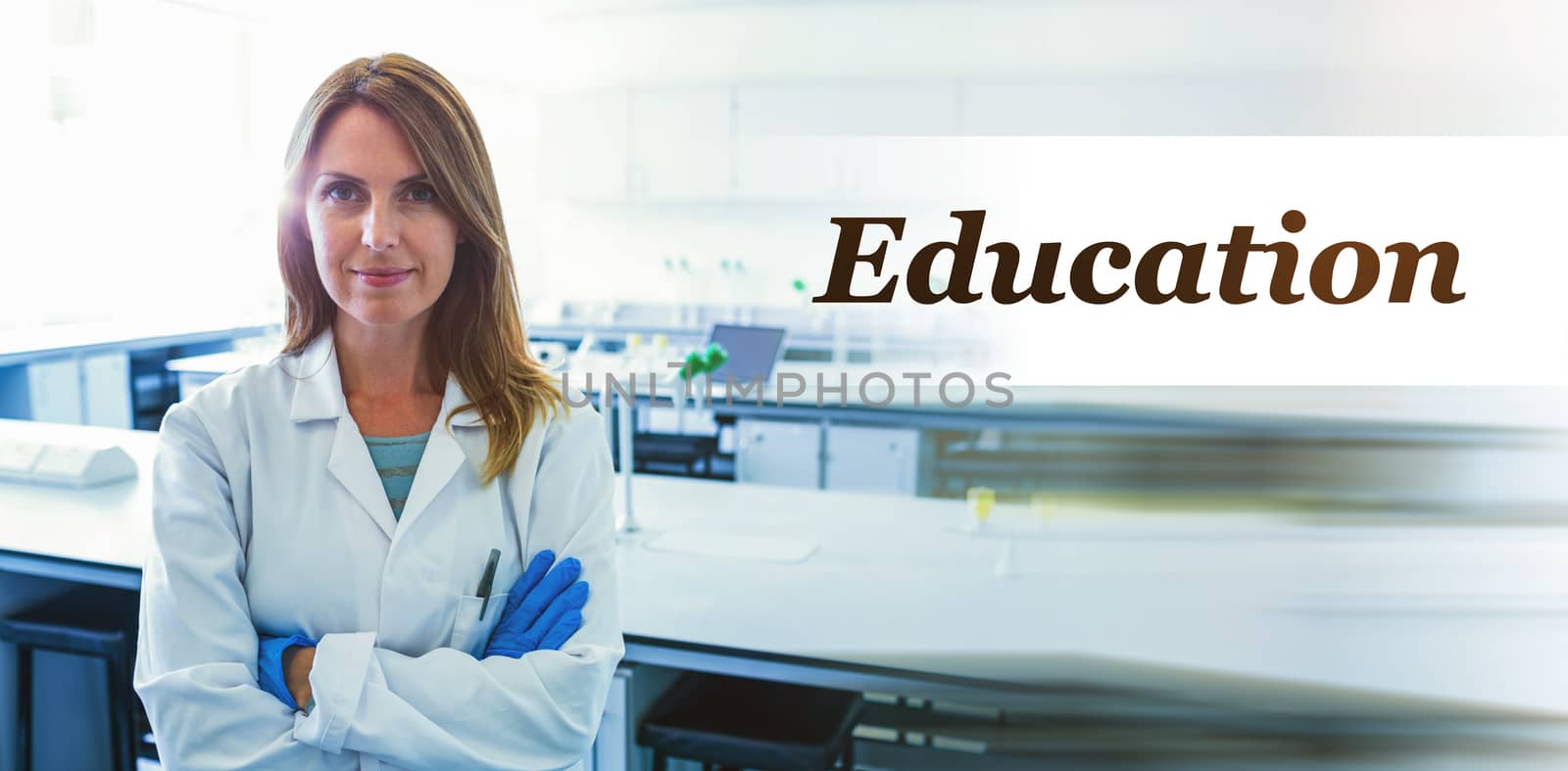 Digitally generated image of Education text  against portrait of smiling scientist standing with arms crossed