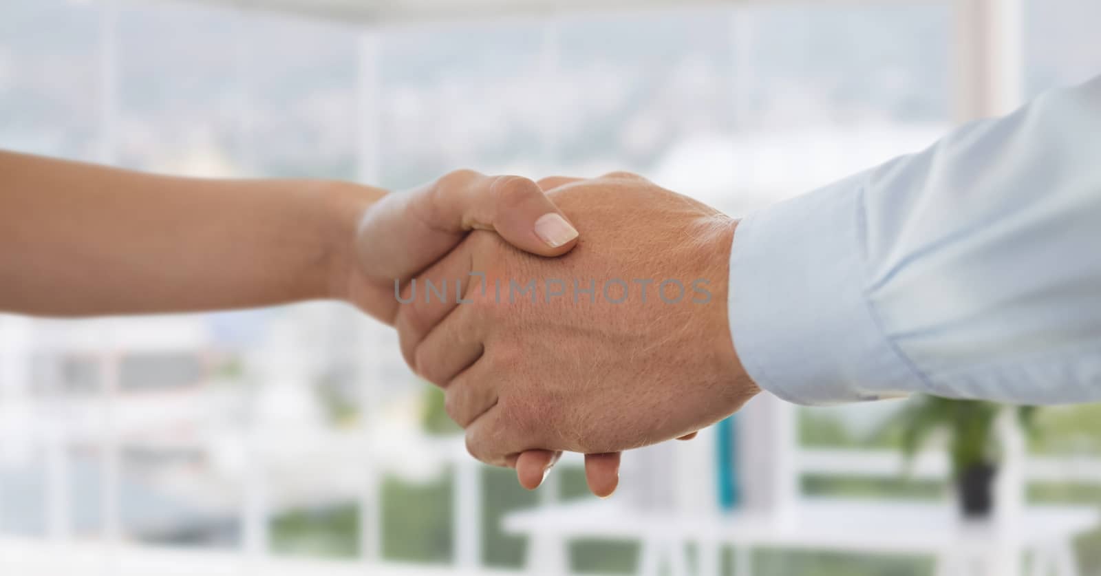Business people shaking hands against office background by Wavebreakmedia