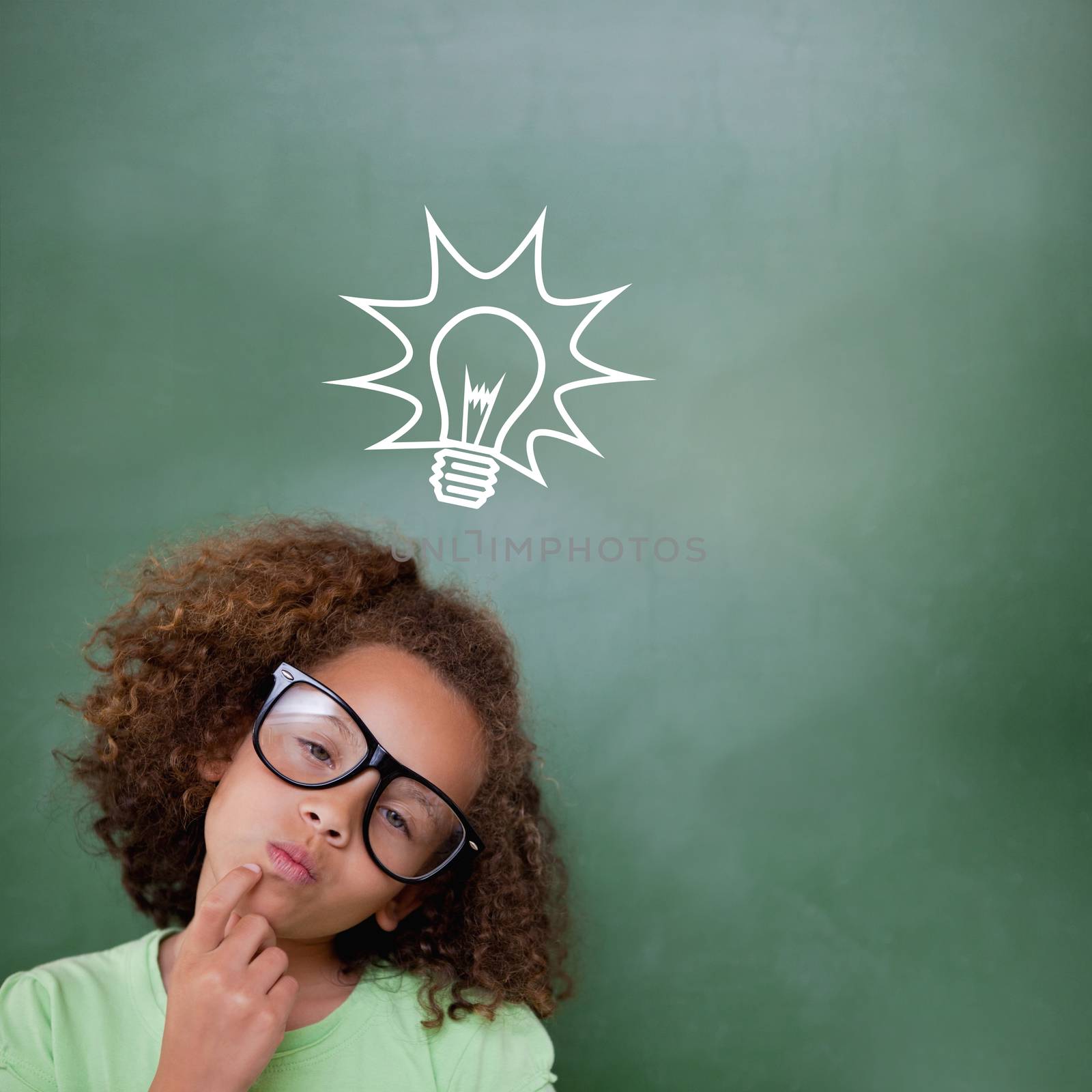 Cute pupil thinking against idea and innovation graphic
