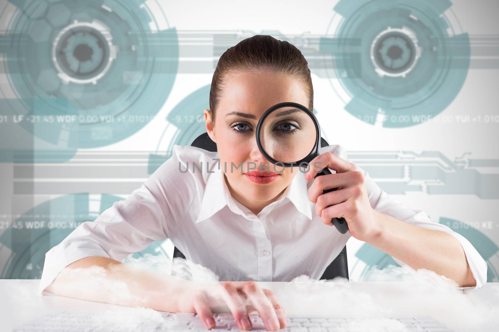 Composite image of businesswoman typing and looking through magnifying glass by Wavebreakmedia