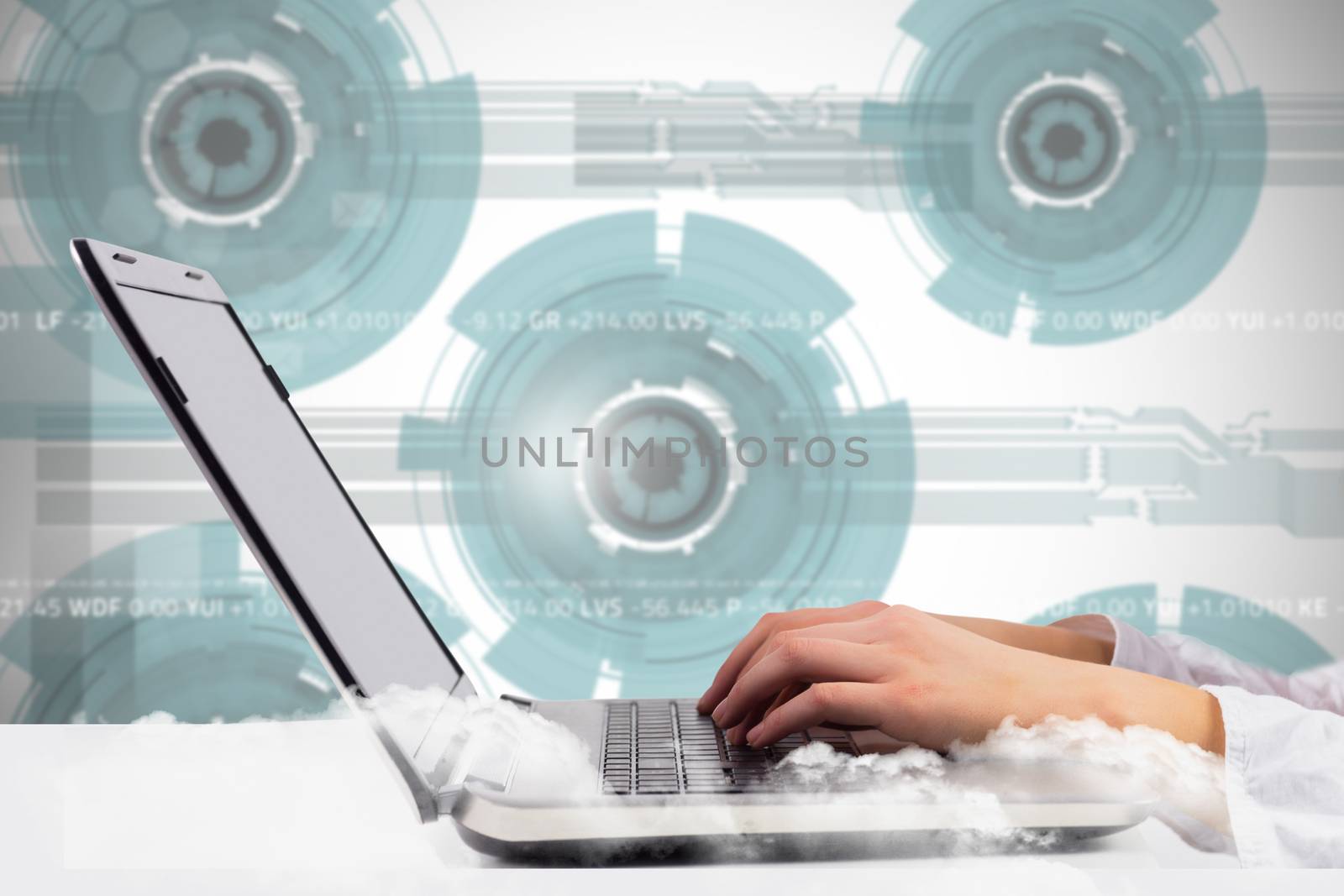 Woman typing on her laptop against technology wheel background