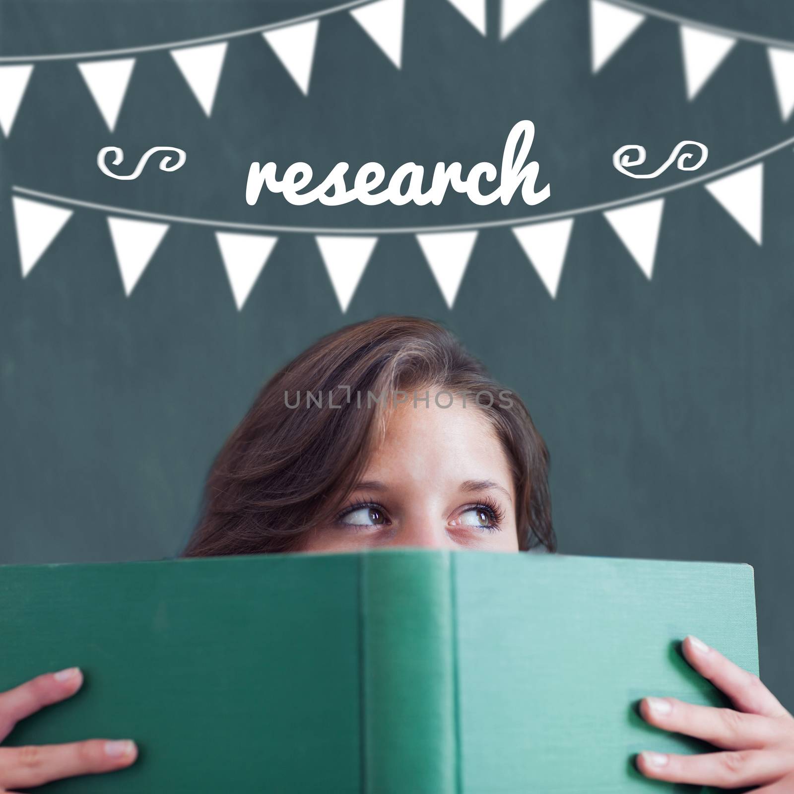 The word research and bunting against student holding book