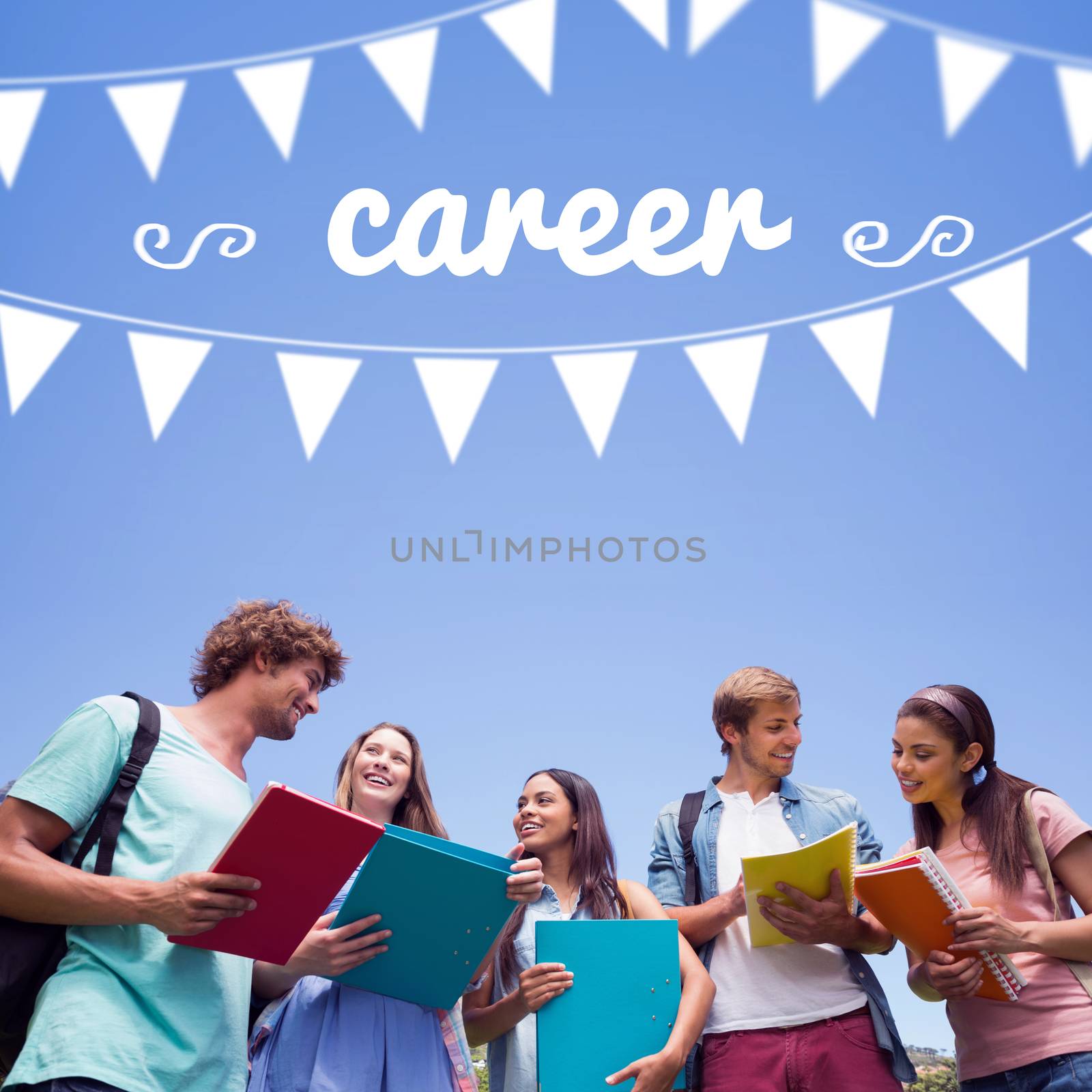 The word career and bunting against students standing and chatting together 
