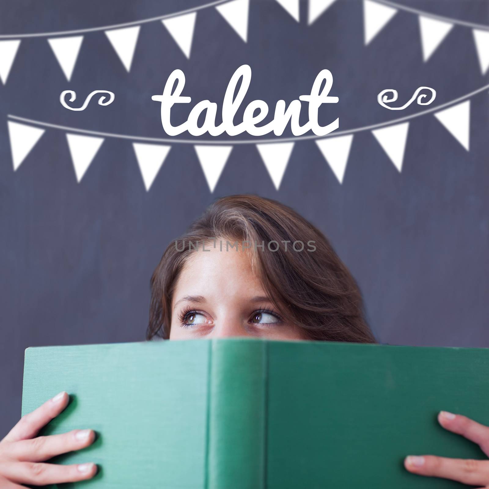 The word talent and bunting against student holding book