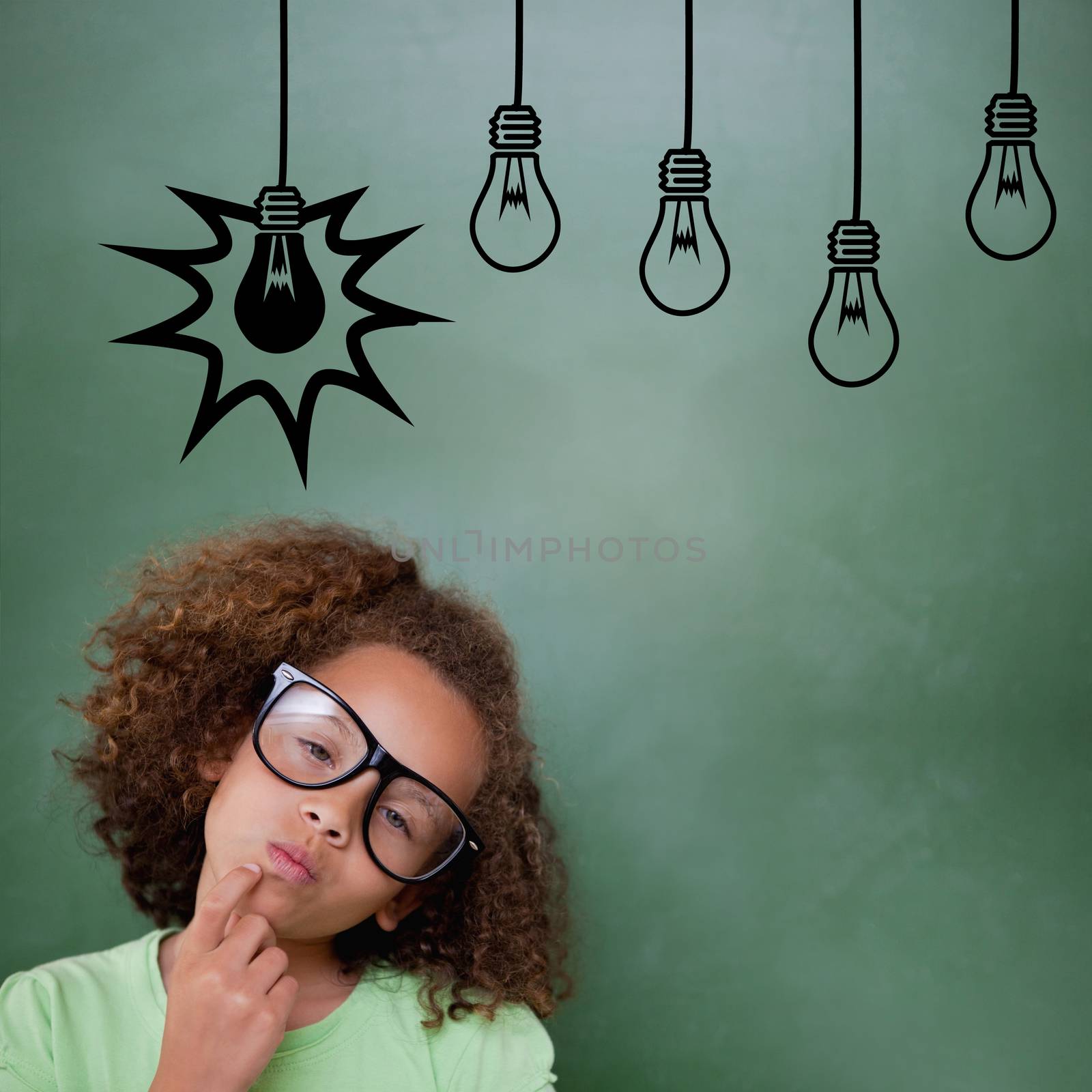 Cute pupil thinking against idea and innovation graphic