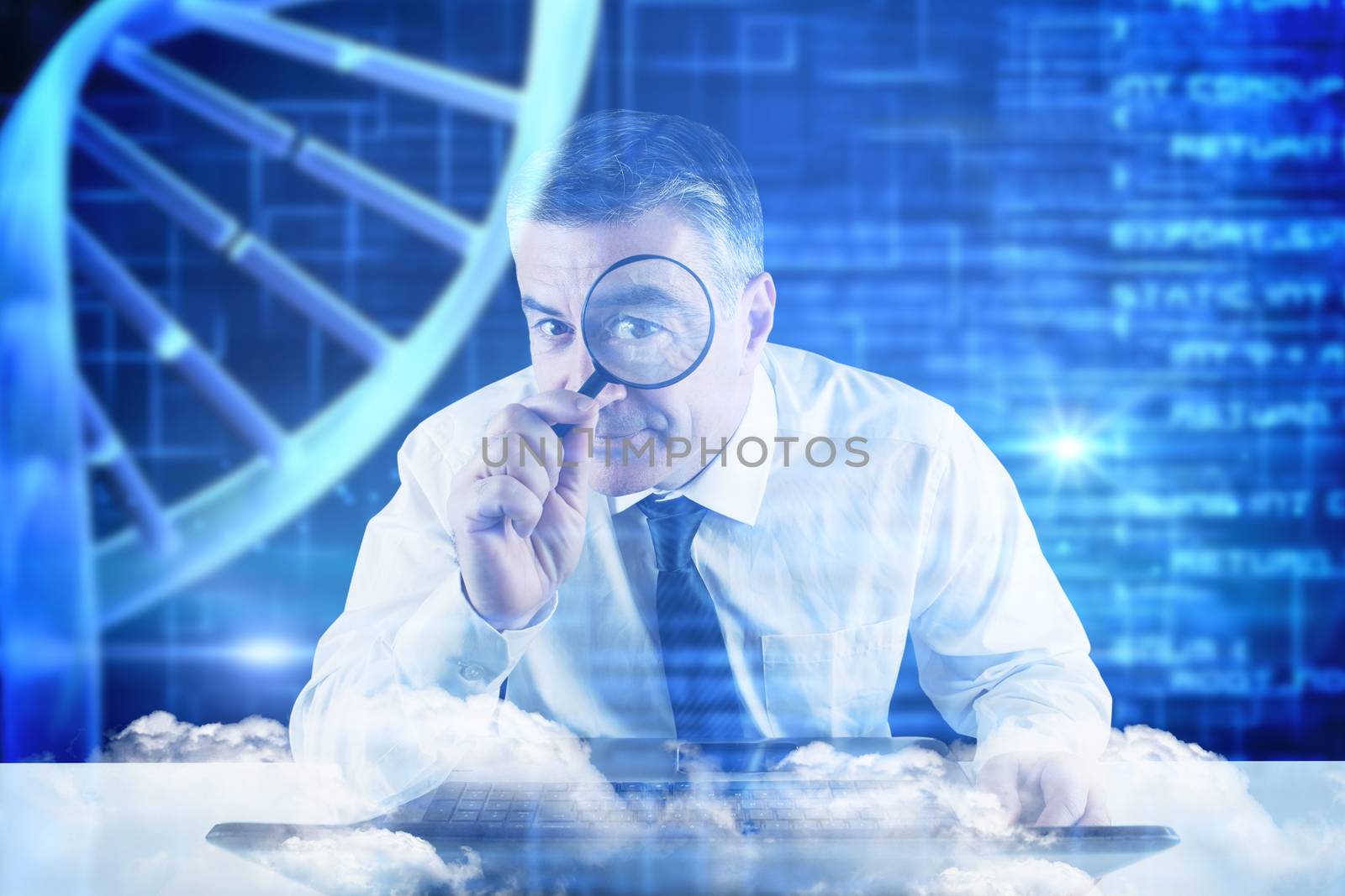 Mature businessman examining with magnifying glass against blue dna helix with texture