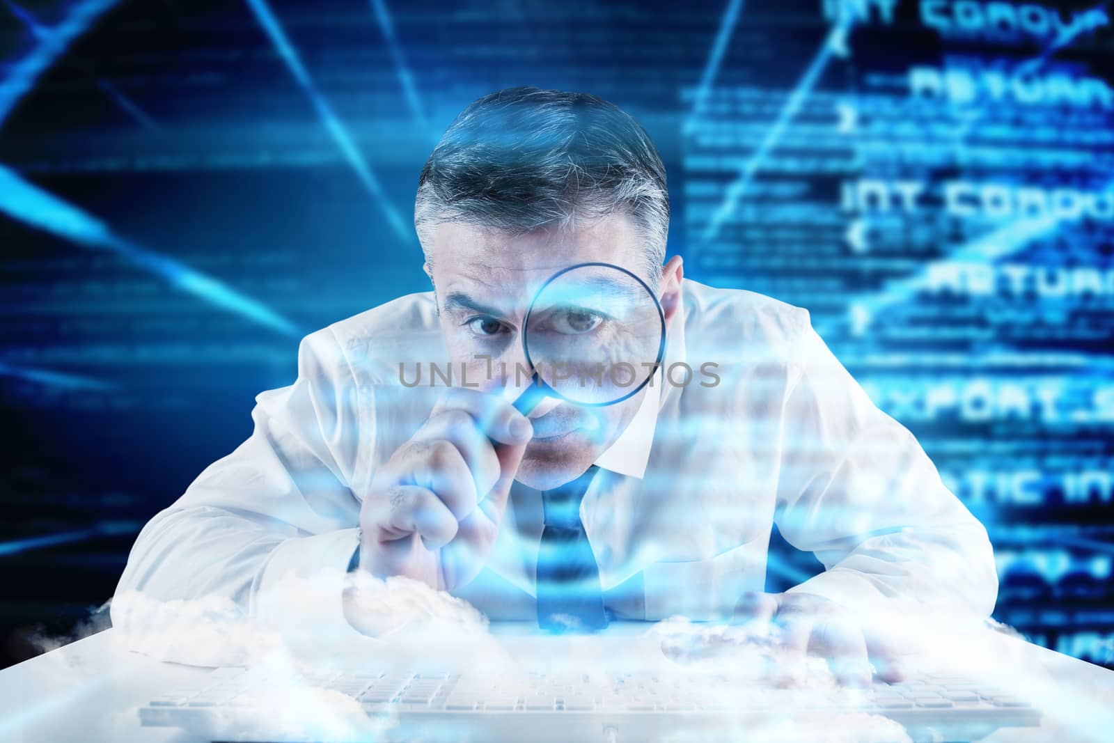 Composite image of mature businessman examining with magnifying glass by Wavebreakmedia