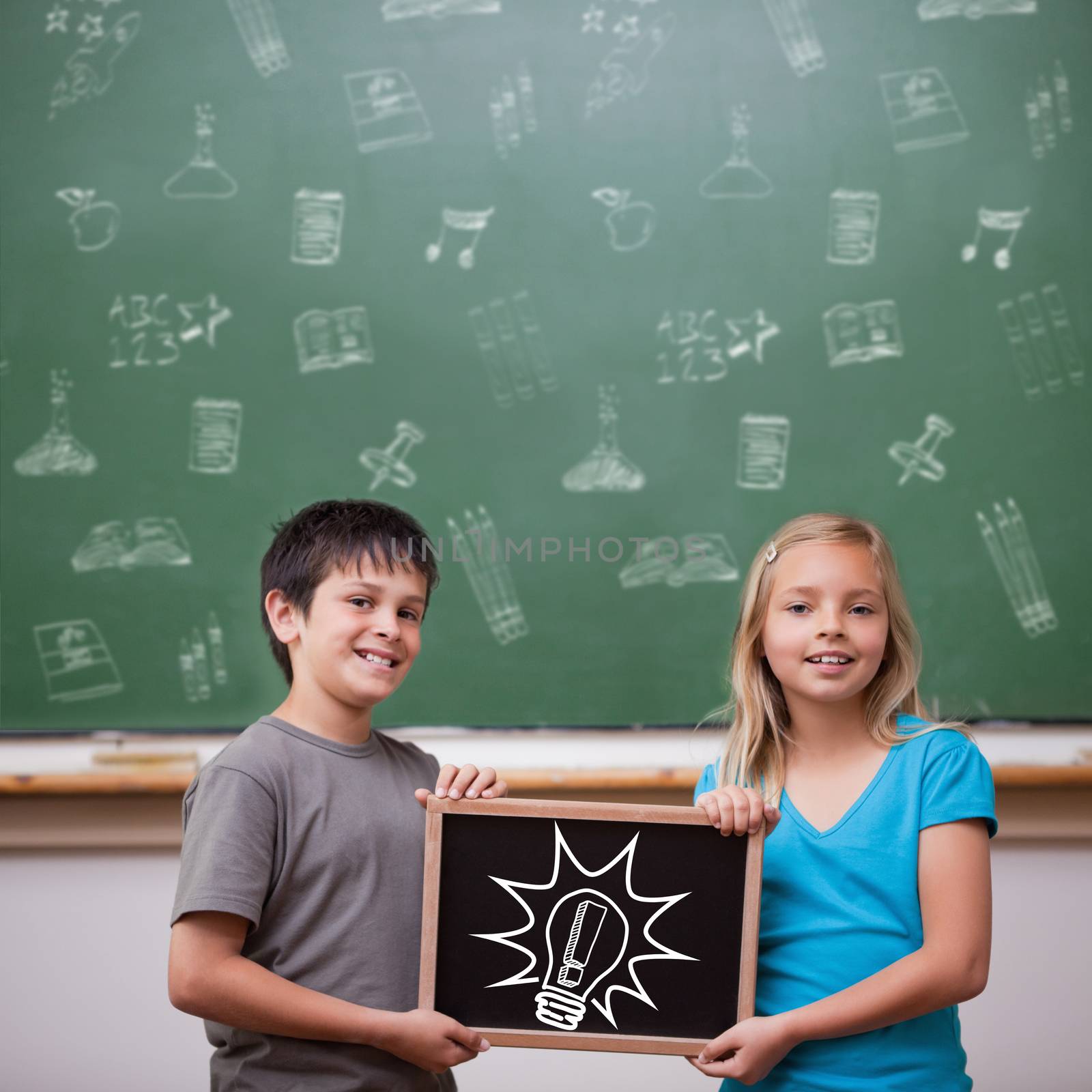 Idea and innovation graphic against cute pupils showing chalkboard