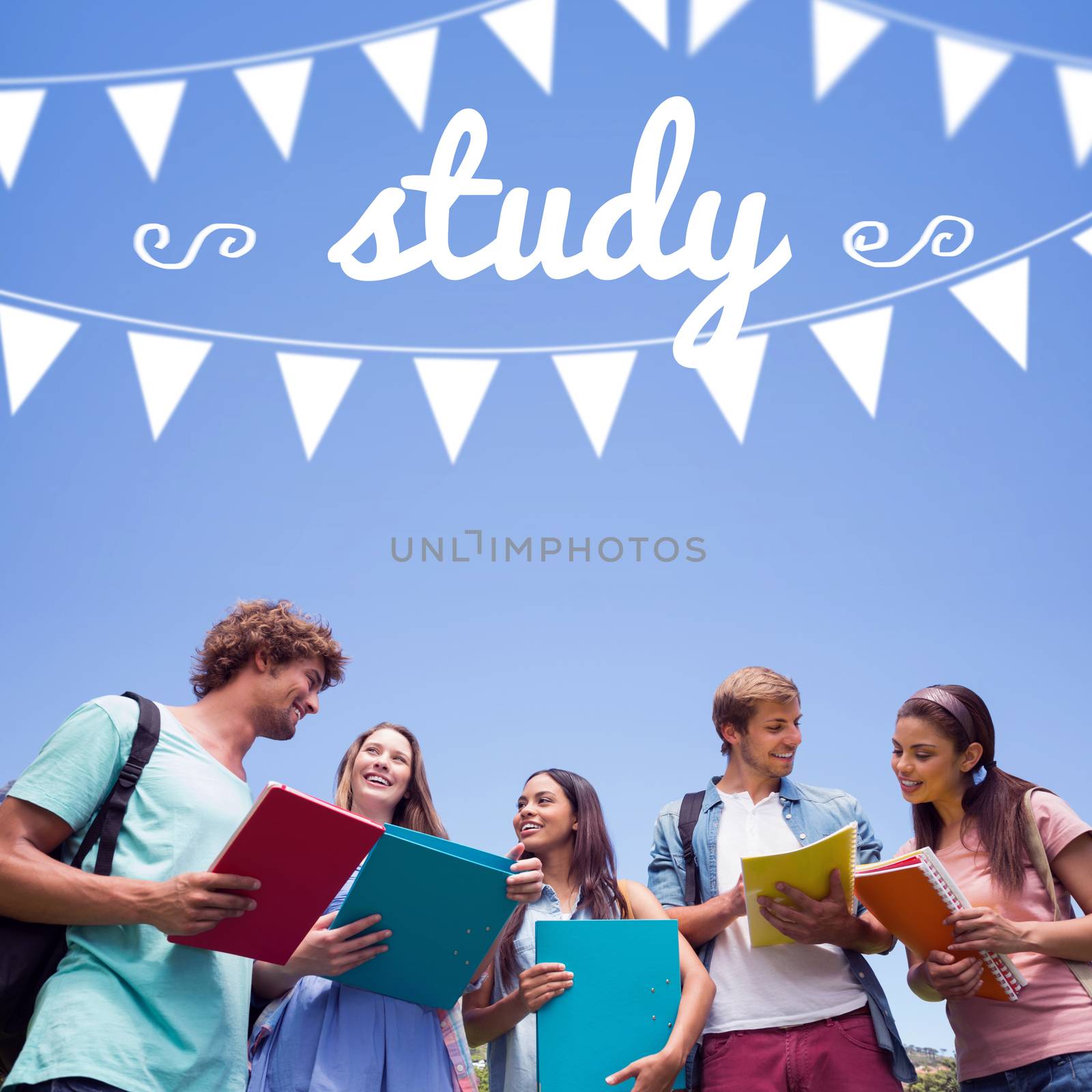 Study against students standing and chatting together  by Wavebreakmedia