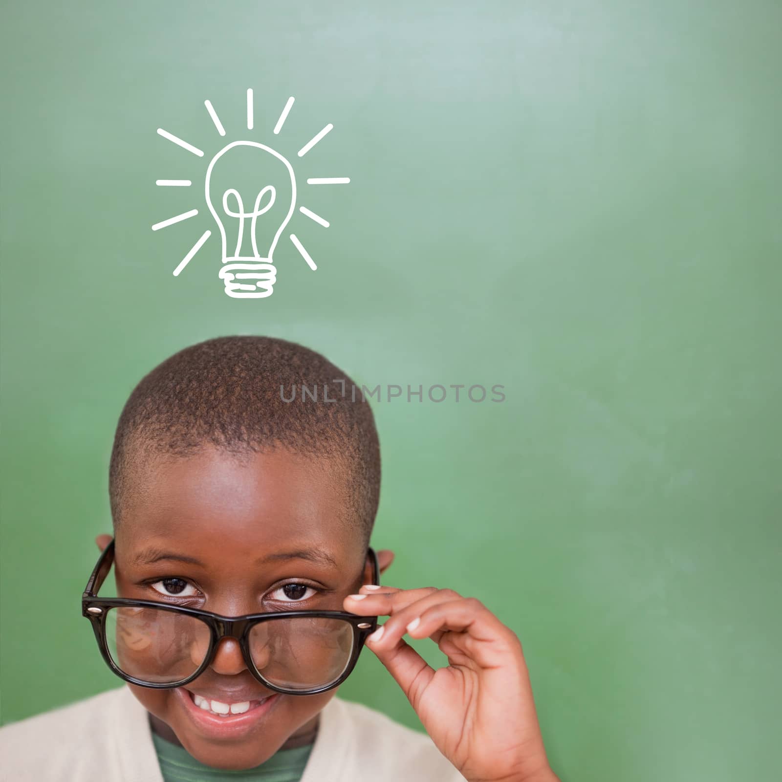 Cute pupil tilting glasses against idea and innovation graphic