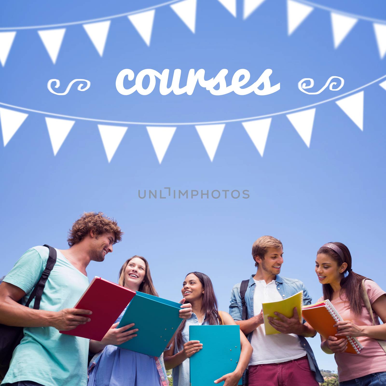 Courses against students standing and chatting together  by Wavebreakmedia