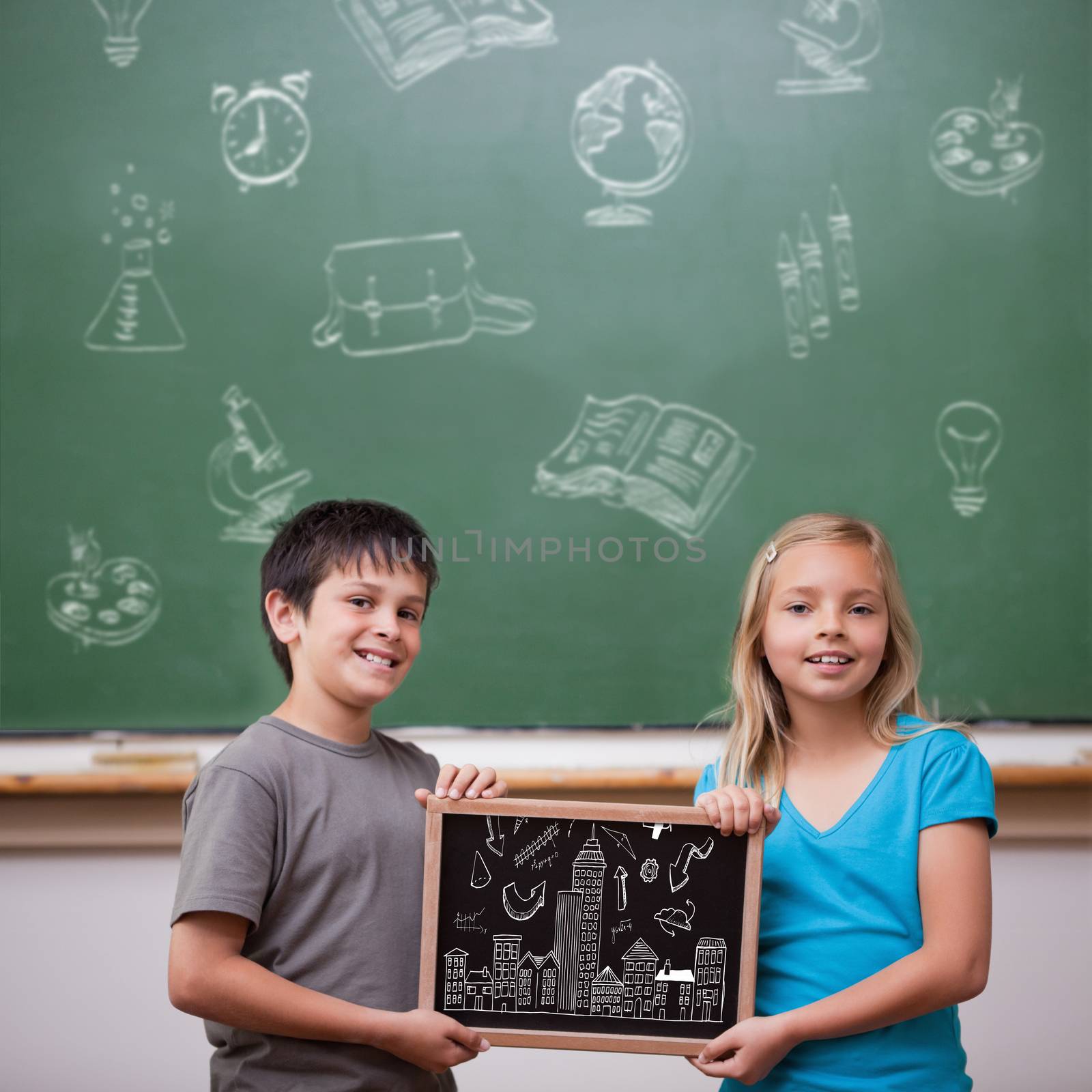 Cityscape doodle against cute pupils showing chalkboard