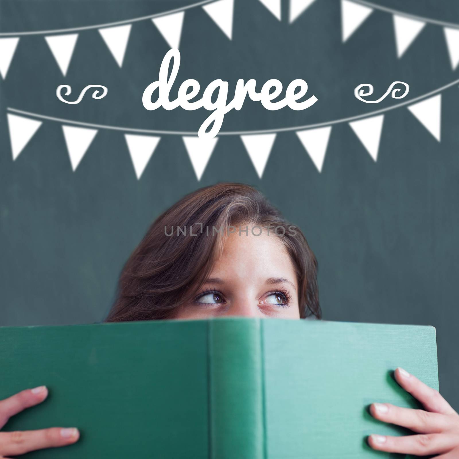 The word degree and bunting against student holding book