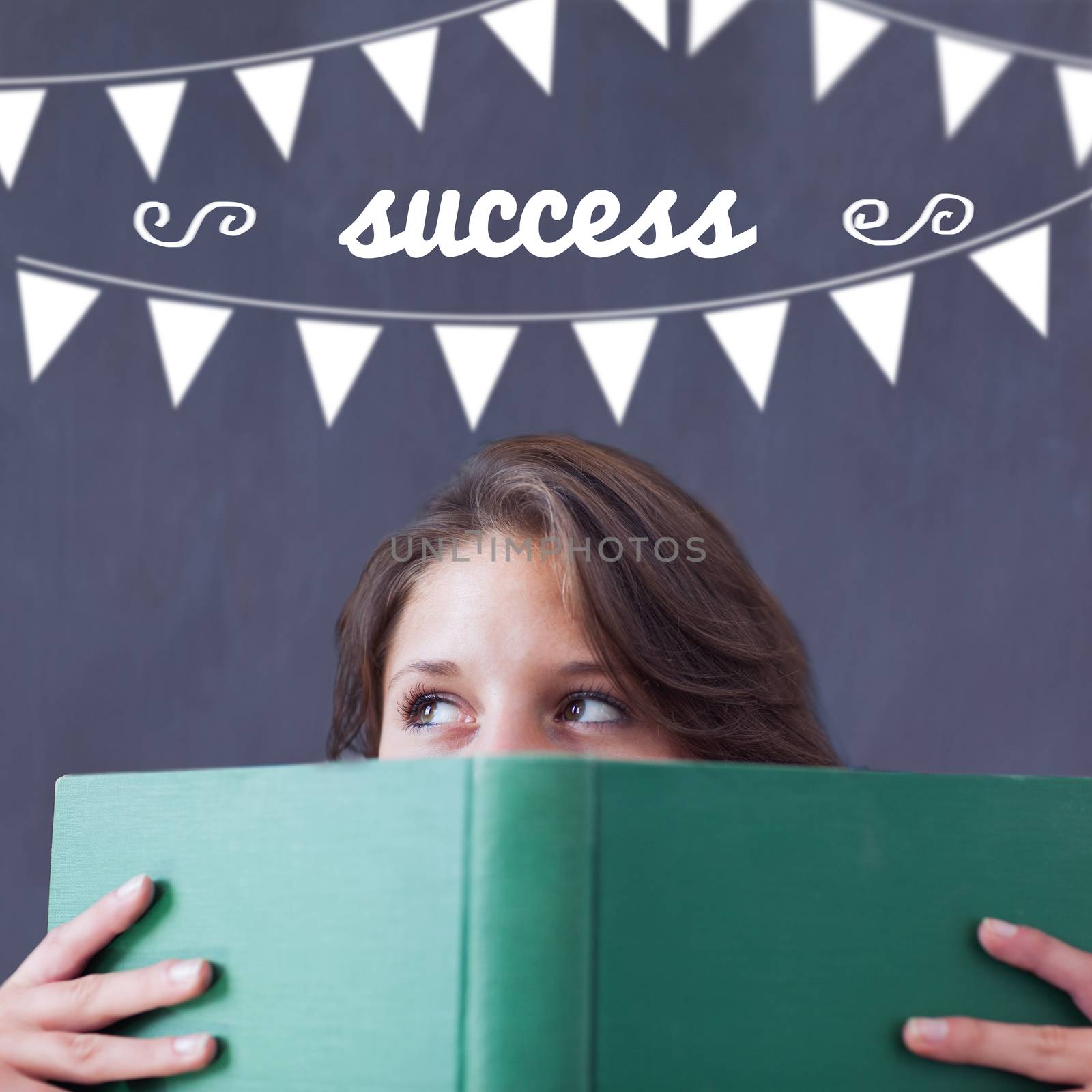 The word success and bunting against student holding book