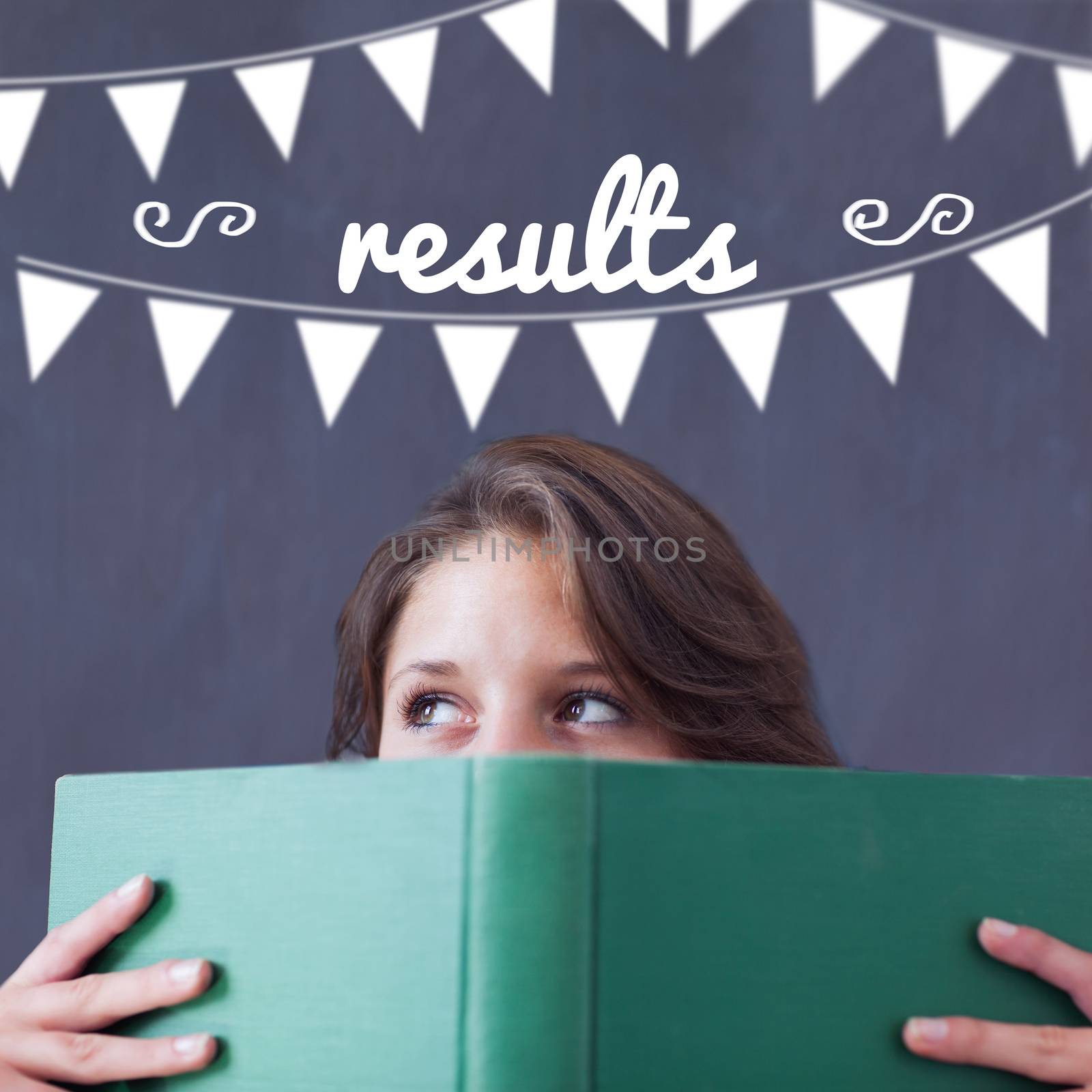The word results and bunting against student holding book