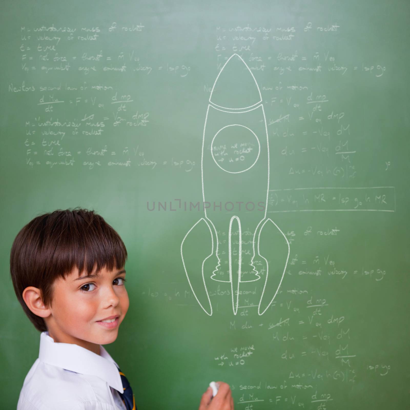 Rocket ship against cute pupil holding chalk