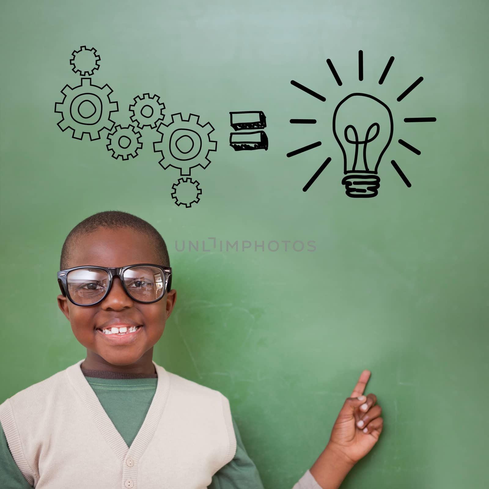 Cute pupil pointing against idea and innovation graphic