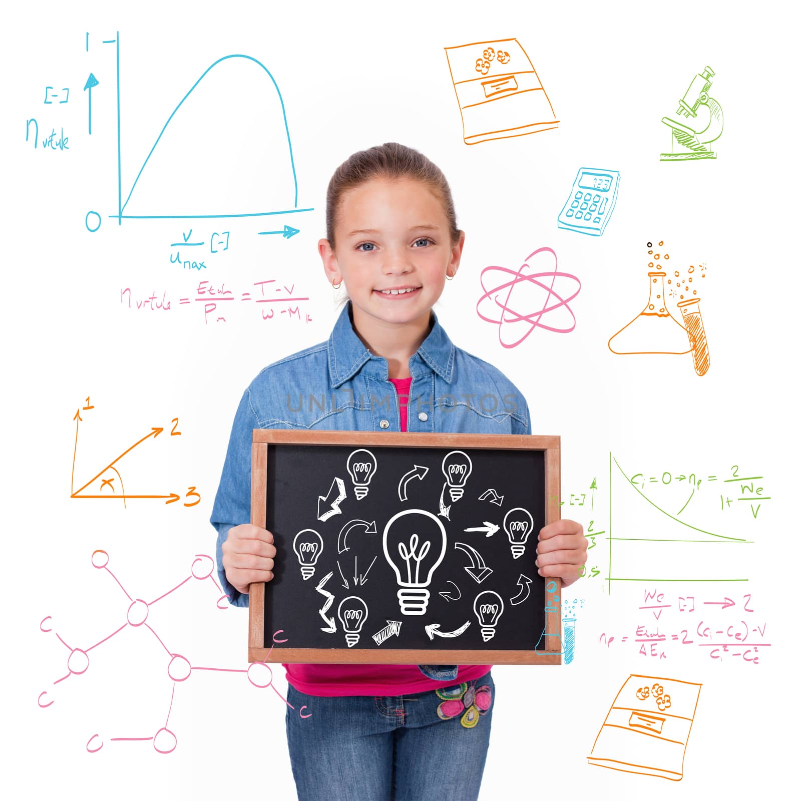 Idea and innovation graphic against cute pupil showing chalkboard