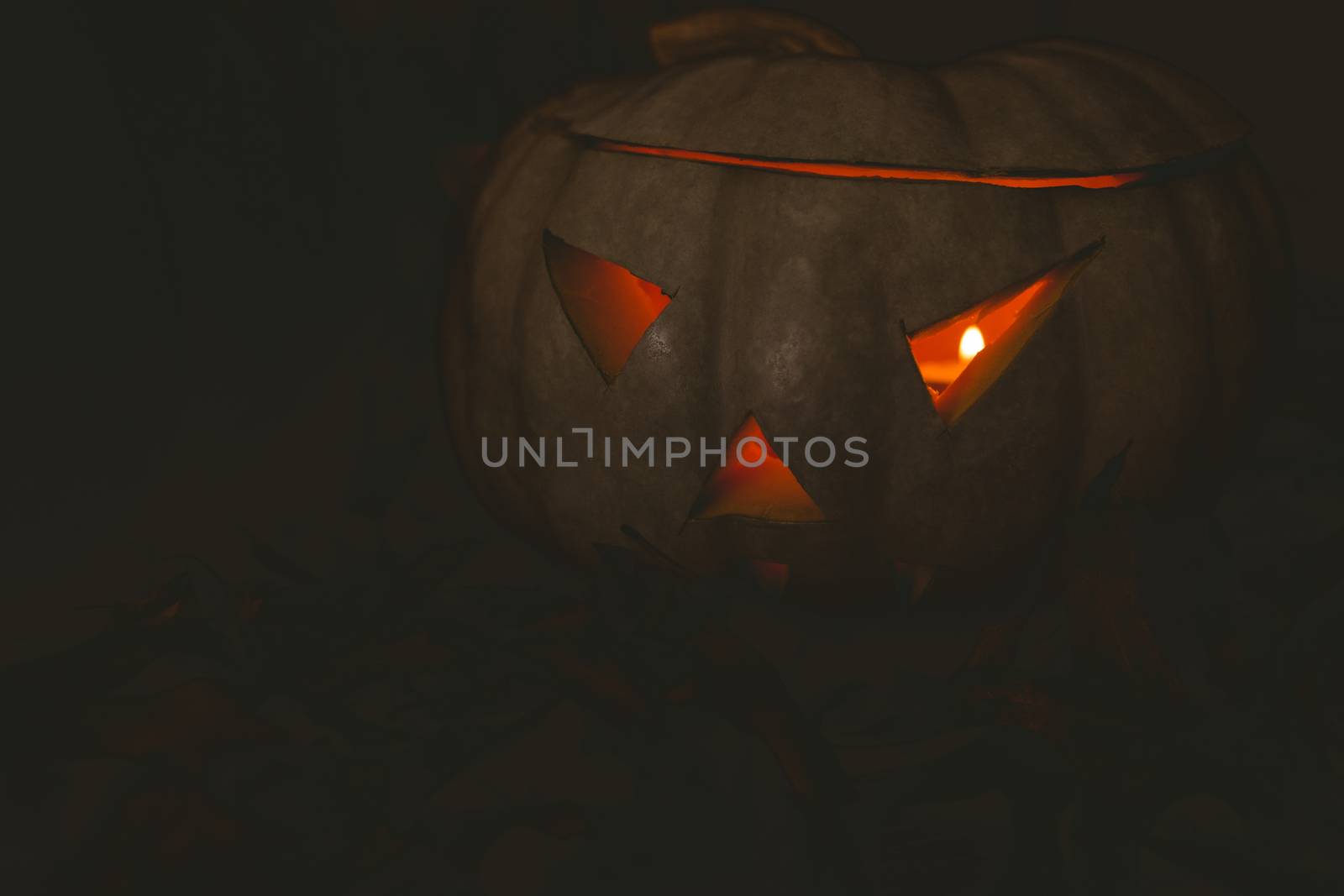 Close up of white jack o lantern glowing in darkroom during Halloween