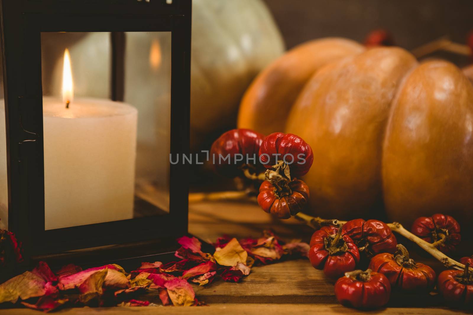 Close up of pumpkins by candle on table during Halloween