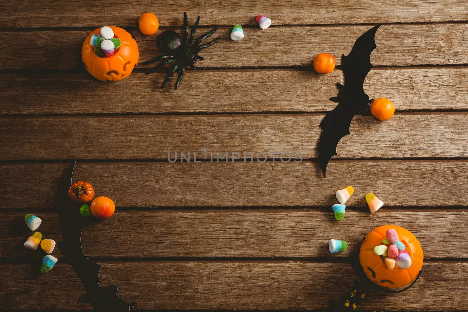 High angle view of decoration with sweet food on table during Halloween