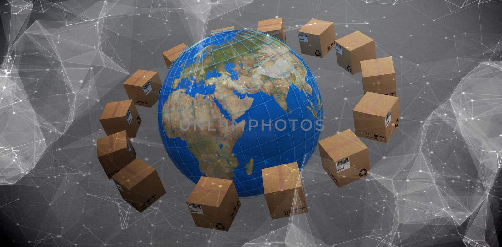 Globe amidst brown cardboard boxes against abstract black background