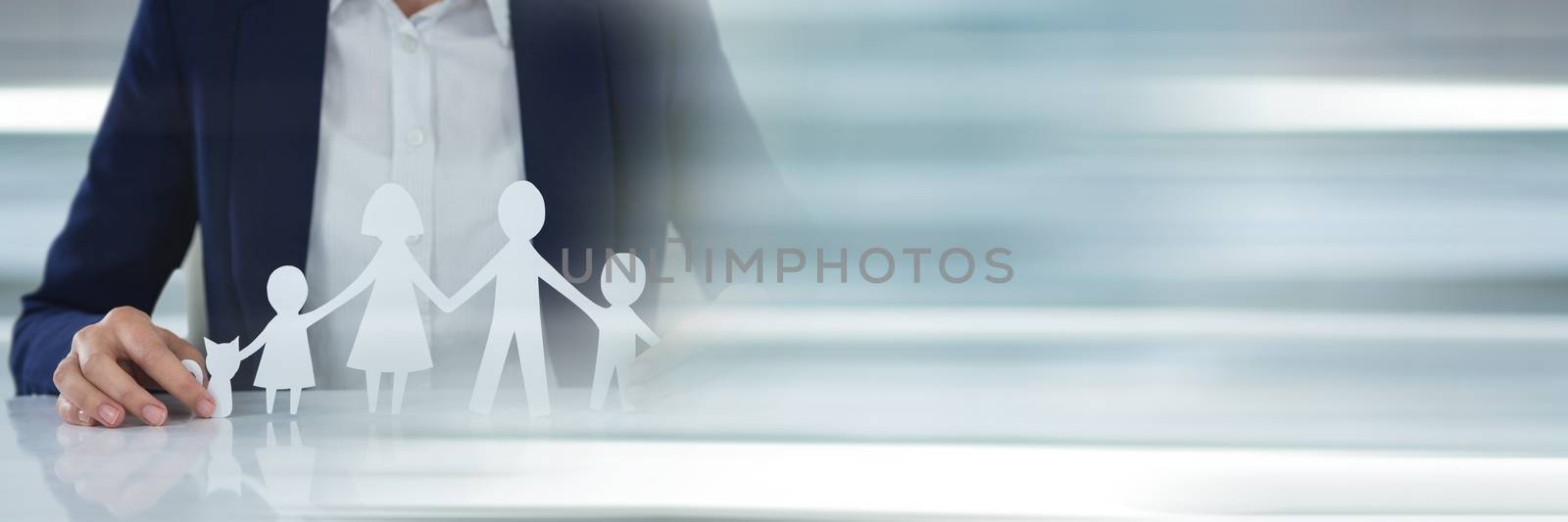 Digital composite of Woman holding paper figures as family and house insurance concept