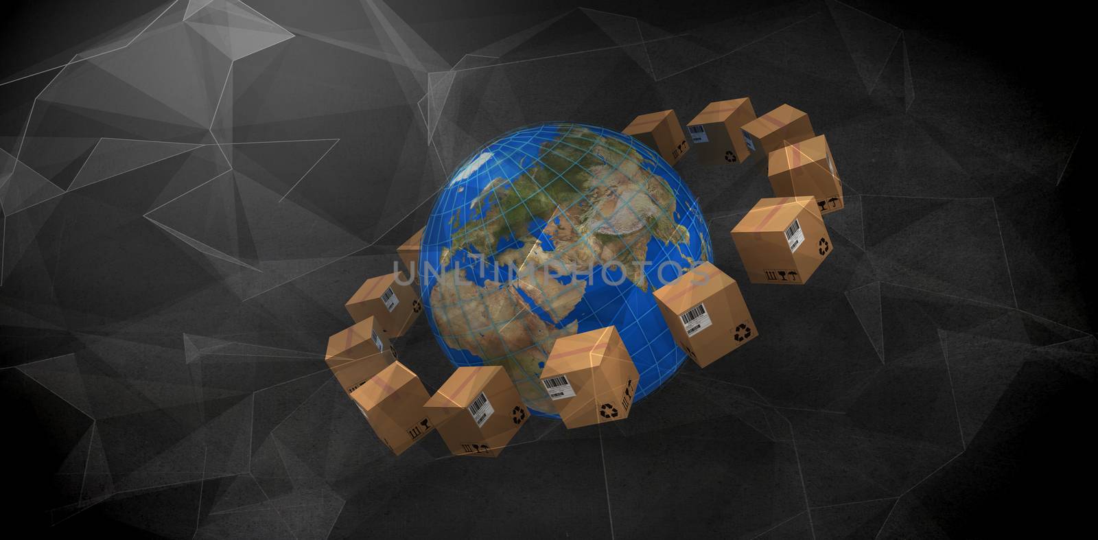 Composite image of planet earth amidst brown boxes by Wavebreakmedia