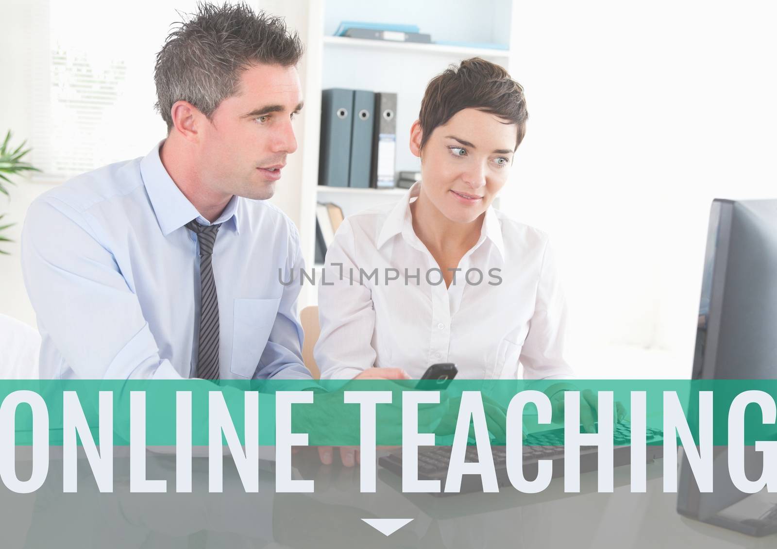 Digital composite of Education and online teaching text and couple looking at a computer