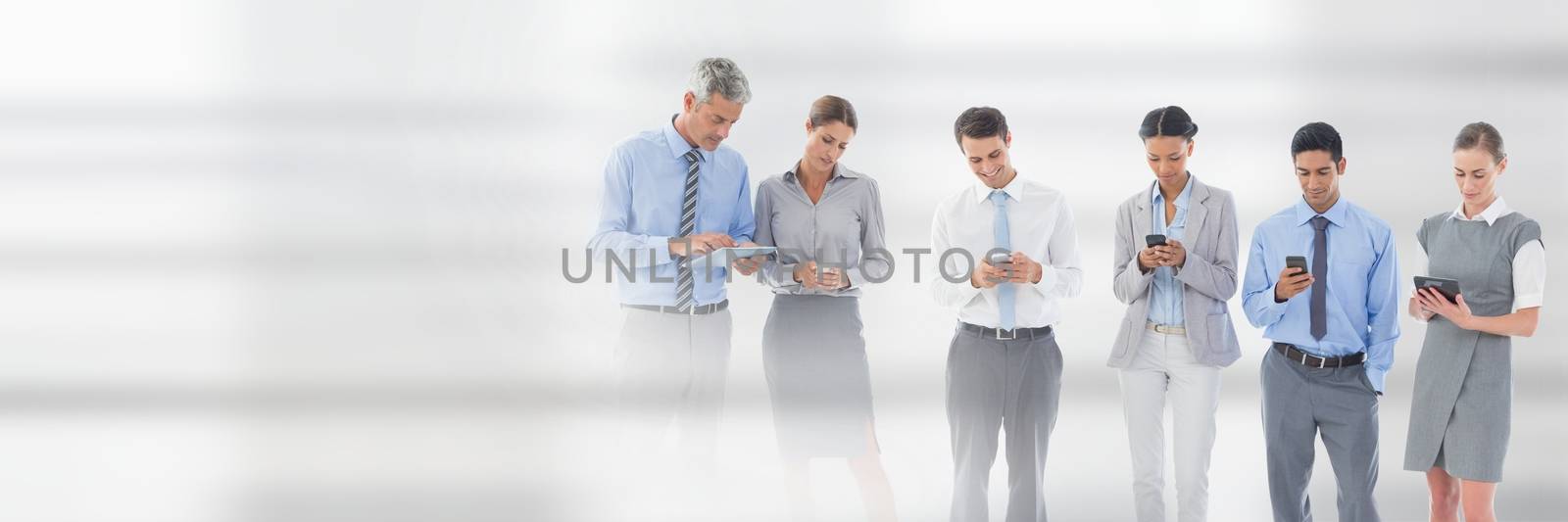 Digital composite of Business people using phones and tablets against white background