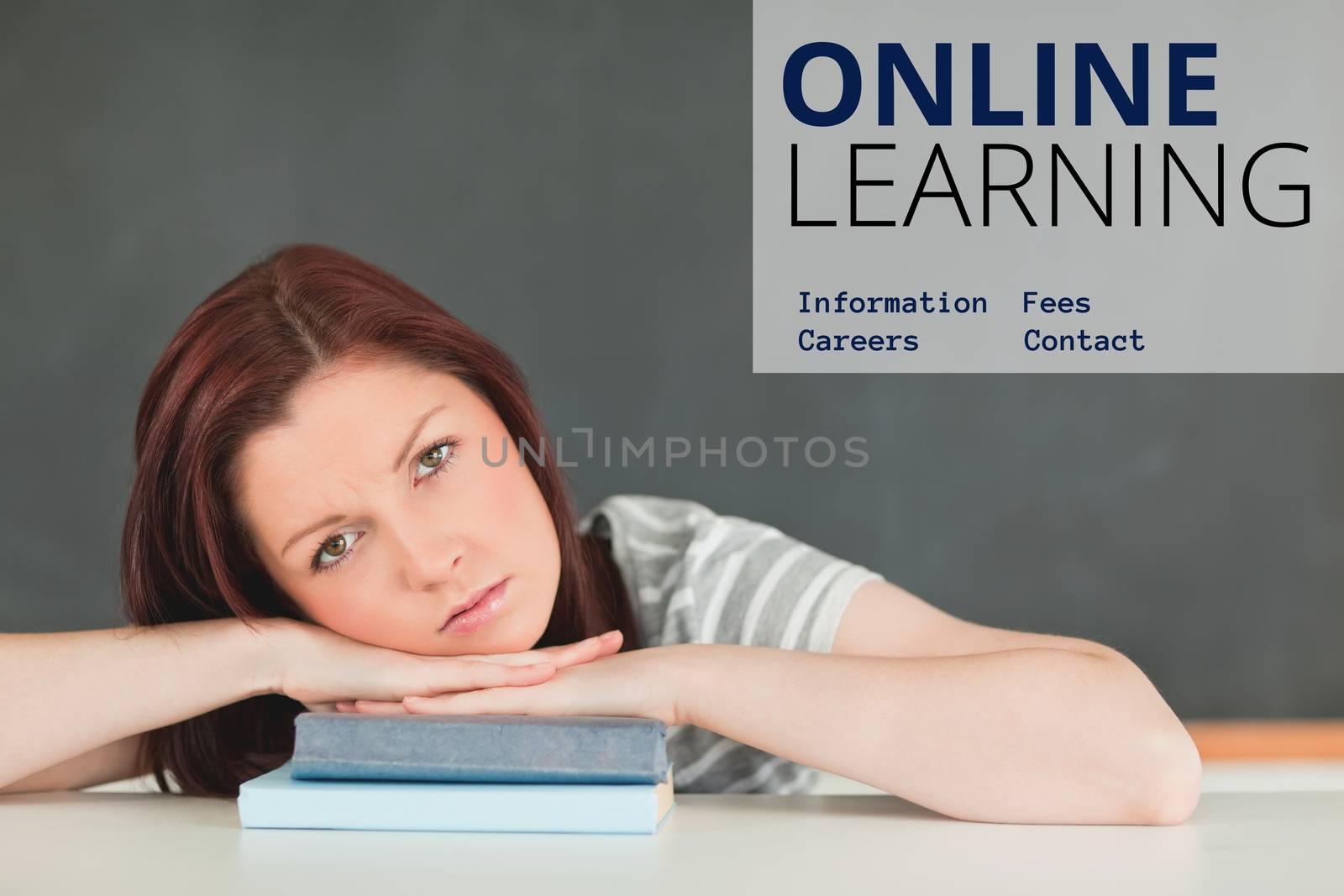 Education  and online learning text and woman lying on books by Wavebreakmedia