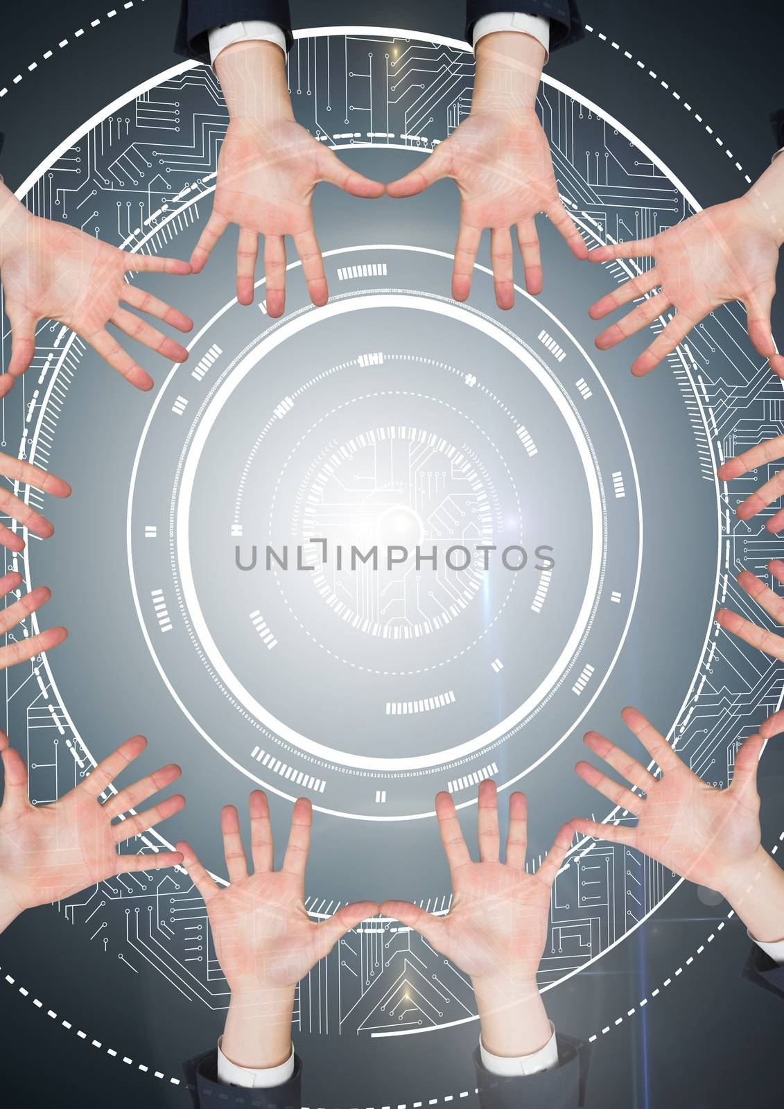 Hands in circle around technology user interface by Wavebreakmedia