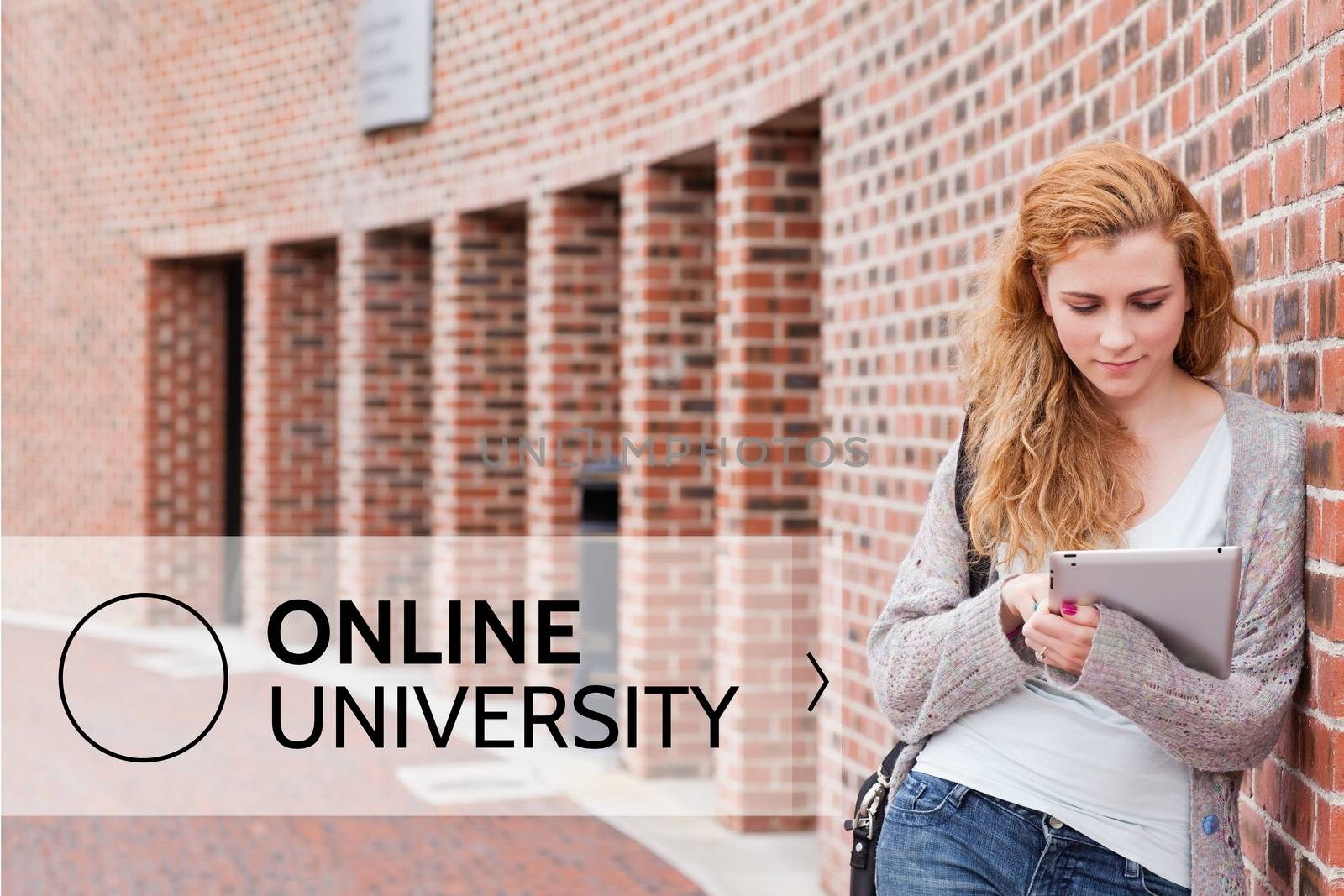 Education and online university text and woman looking at a tablet by Wavebreakmedia